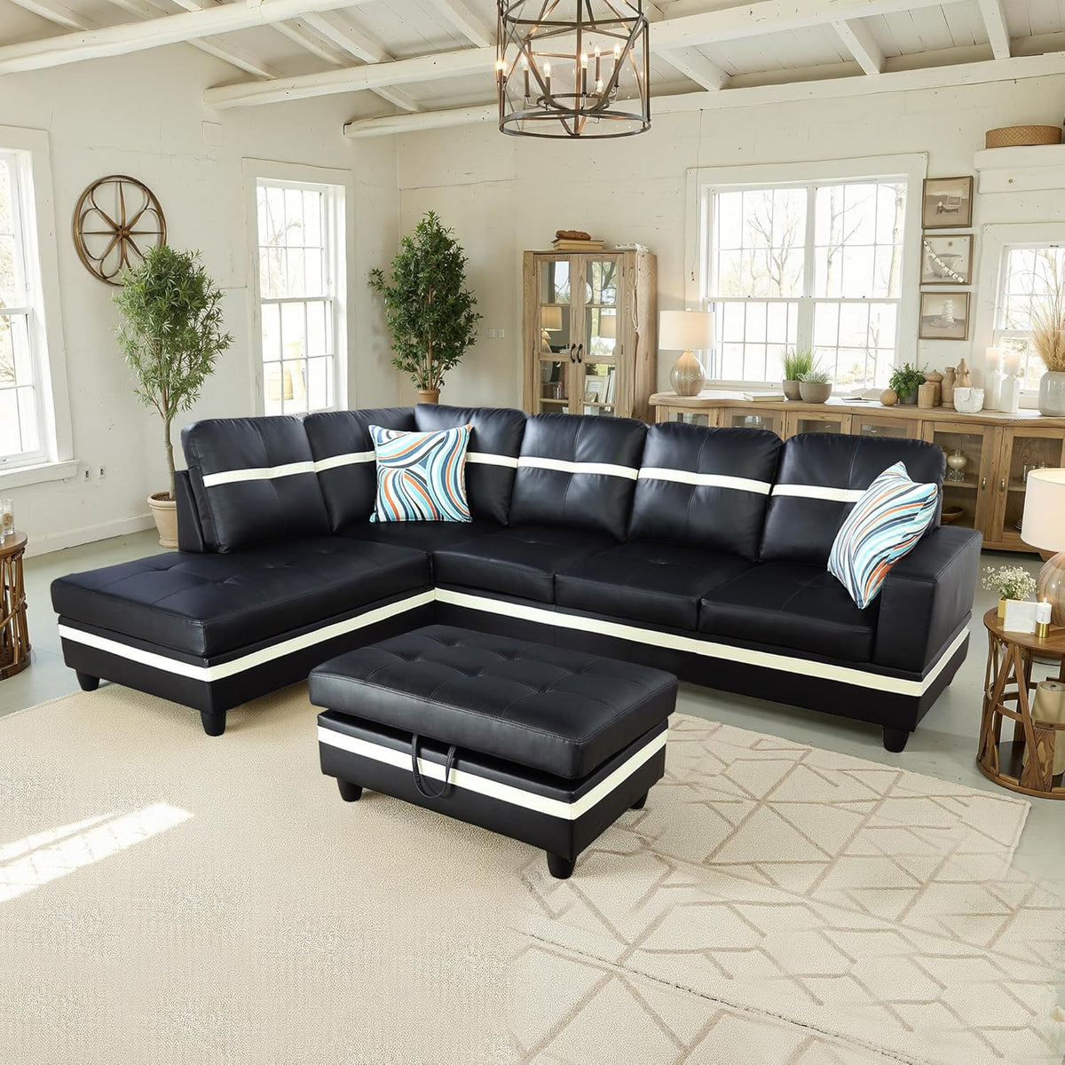 NicBex Sectional Couch 3 Pieces Sofa Set with Right Chaise PU Synthetic Leather L Shaped Cloud Couch for Living Room Furniture Sets with Storage Ottoman, Modular Sofa for Apartment, Black+White