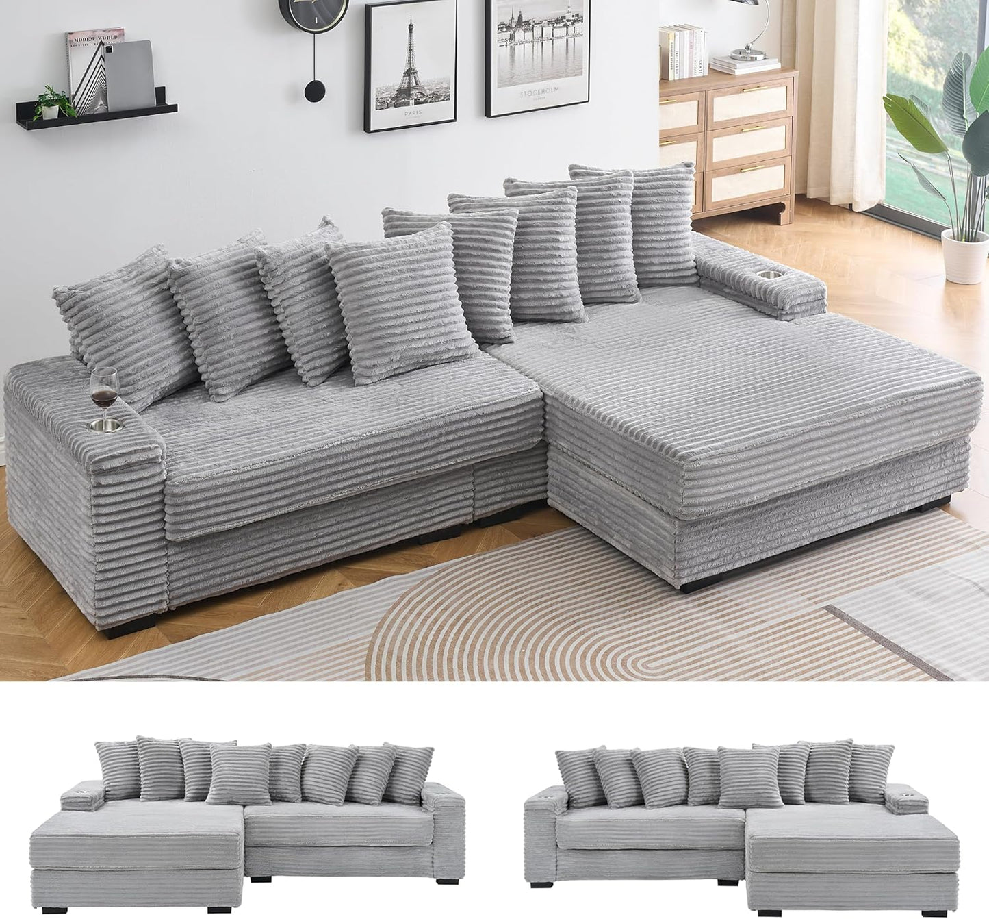 KEIKI 114" Corduroy Sofa with Cup Holders & Storage, L Shaped Sleeper Cloud Couch Set w/Reversible Chaise Lounge, Living Room Oversized Upholstered SofaBed for Apartment, Easy Assembly, Gray