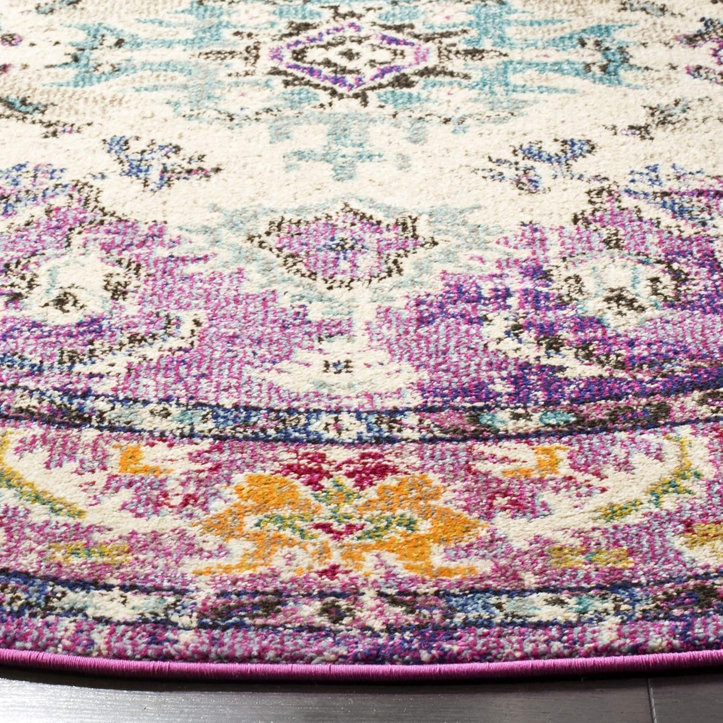 SAFAVIEH Monaco Collection Area Rug - 6'7" Round, Violet & Light Blue, Boho Chic Medallion Distressed Design, Non-Shedding & Easy Care, Ideal for High Traffic Areas in Living Room, Bedroom (MNC243L)