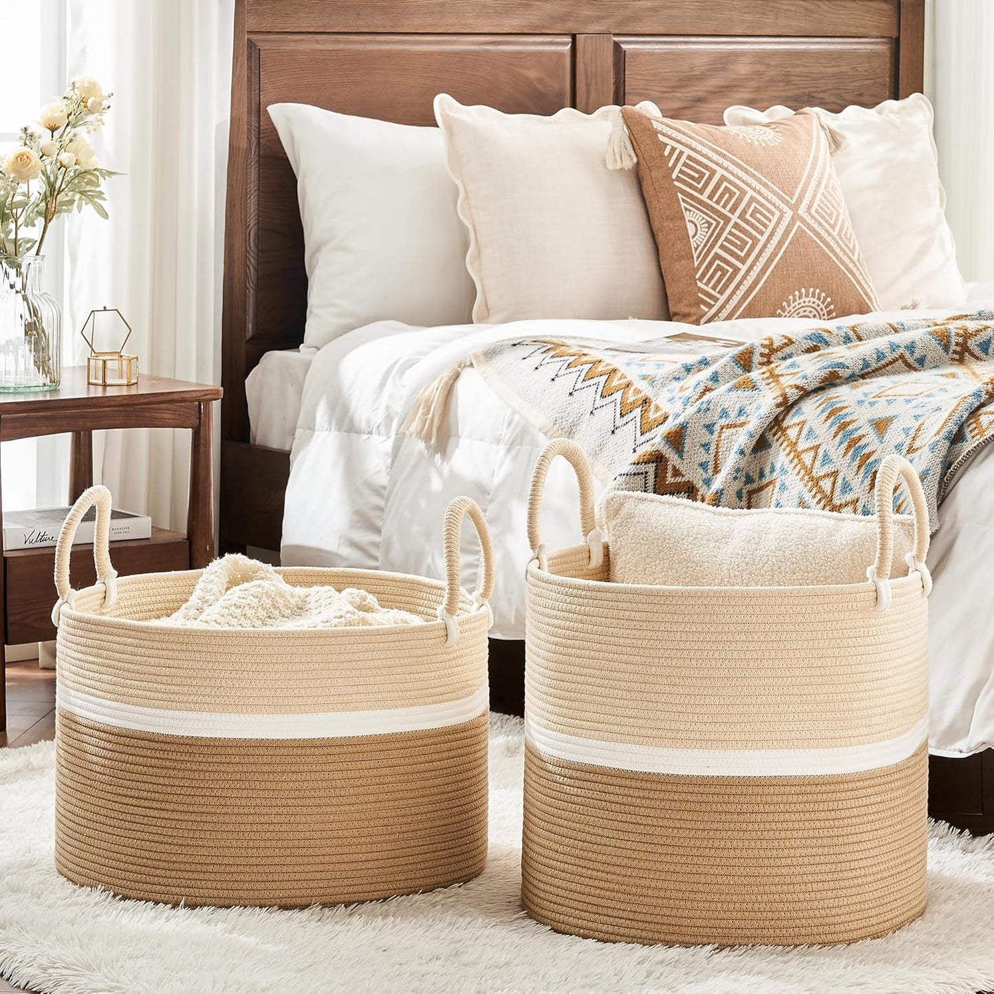 KAKAMAY Large Blanket Basket (20"x13"),Woven Baskets for storage Baby Laundry Hamper, Cotton Rope Blanket Basket for Living Room, Laundry, Nursery, Pillows, Baby Toy chest (White and Brown)