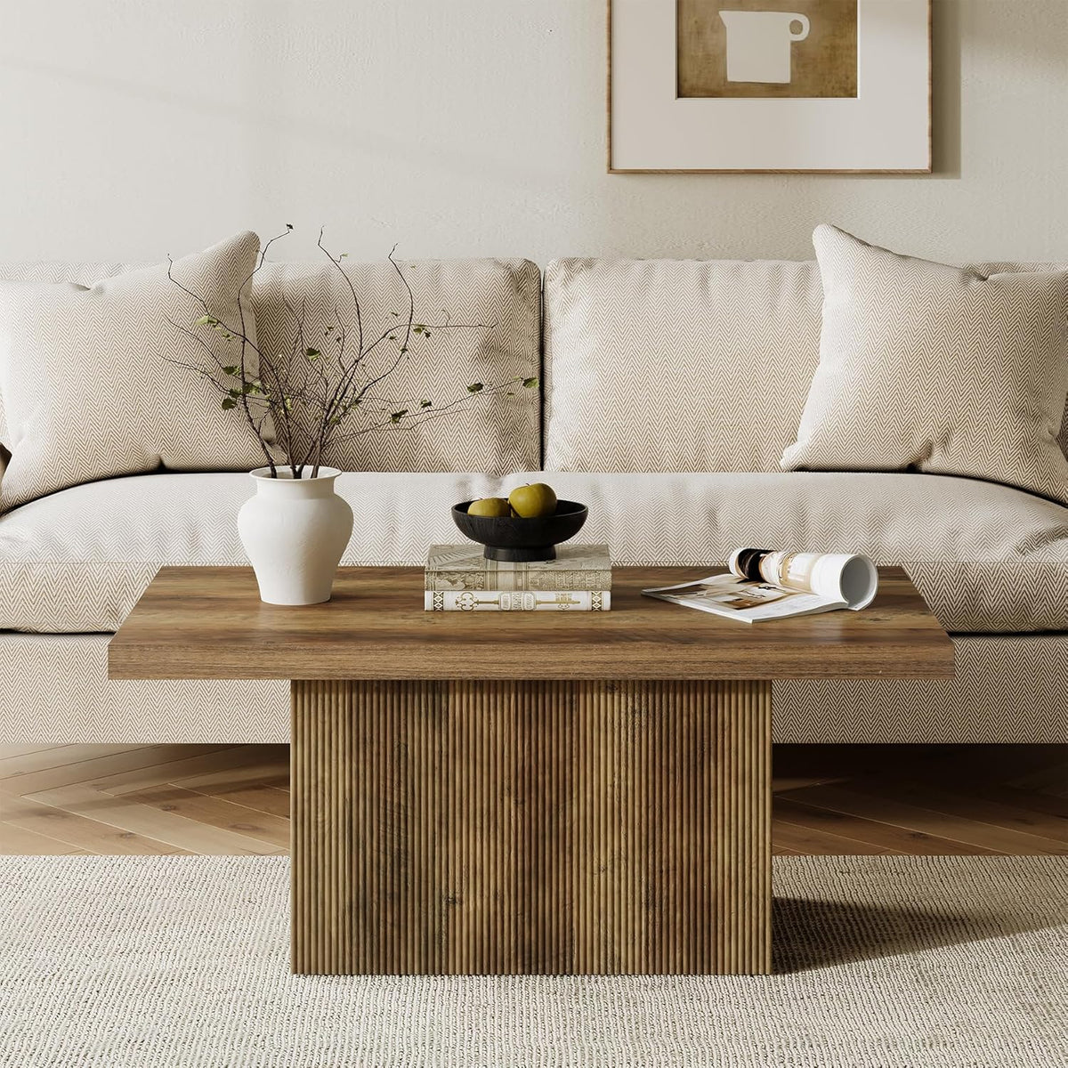 47-Inch Large Coffee Table with Pedestal, Living Room Center Table Rectangle Thickened Tabletop, Farmhouse Low Cocktail Tea Furniture for Living Room, Apartments, Rustic Brown