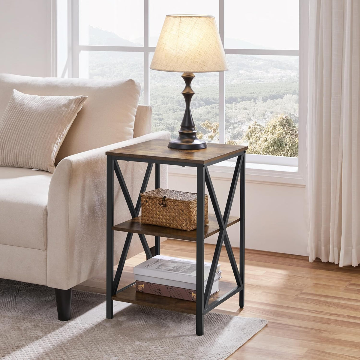 Yaheetech Industrial End Tables Set of 2, 3-Tier Side Tables with Storage Shelves for Living Room, X Design, Strong Metal Frame, Easy Assembly, 16x16x24.5 in, Rustic Brown