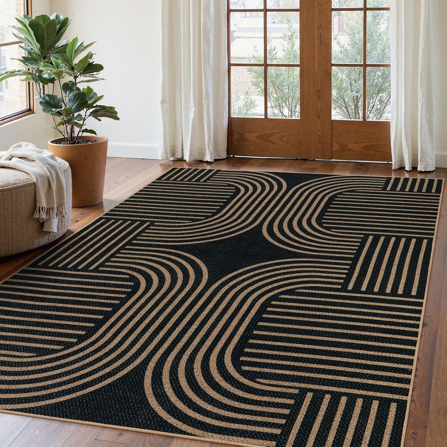 Lahome Modern Geometric Outdoor Easy Jute Rug, 5x7 Patio Living Room Rug Large Black Carpet for Bedroom, Farmhouse Washable Indoor Outdoor Carpet for Dining Room Backyard Deck
