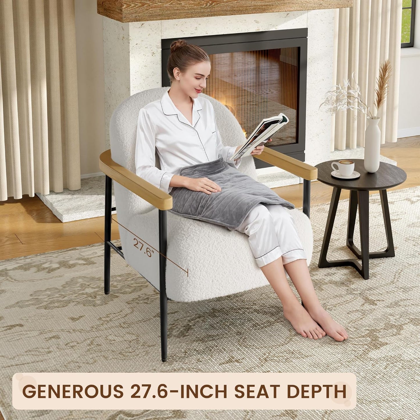 Garvee Modern Accent Chair, White Comfy Chair with Teddy Fabric, Wood Arms, Metal Frame & Adjustable Feet, Mid Century Modern Chair for Living Room,Bedroom, Office