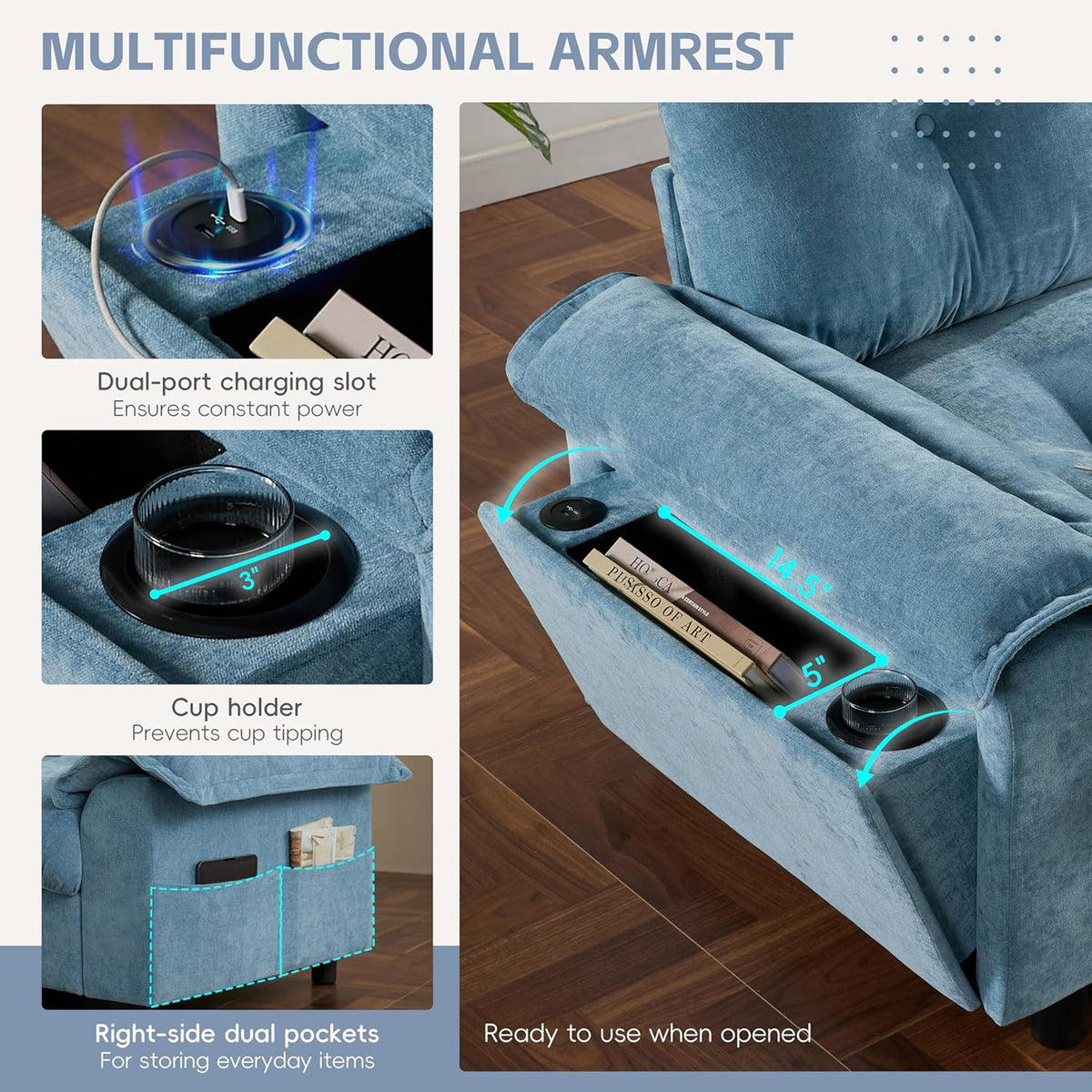 Mreax L-Shape Sectional Sofa with Movable Storage Ottoman and Multifunctional Armrest, 4 Seater Oversized Chenille Upholstered Cloud Couch for Living Room, Apartment, Unique Tufted Design, Light Blue