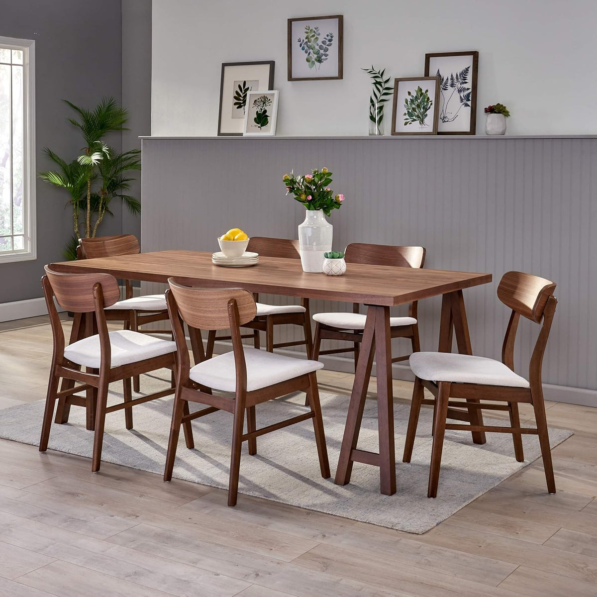 Christopher Knight Home Anthony Mid-Century Modern 7 Piece Dining Set, Light Beige and Walnut