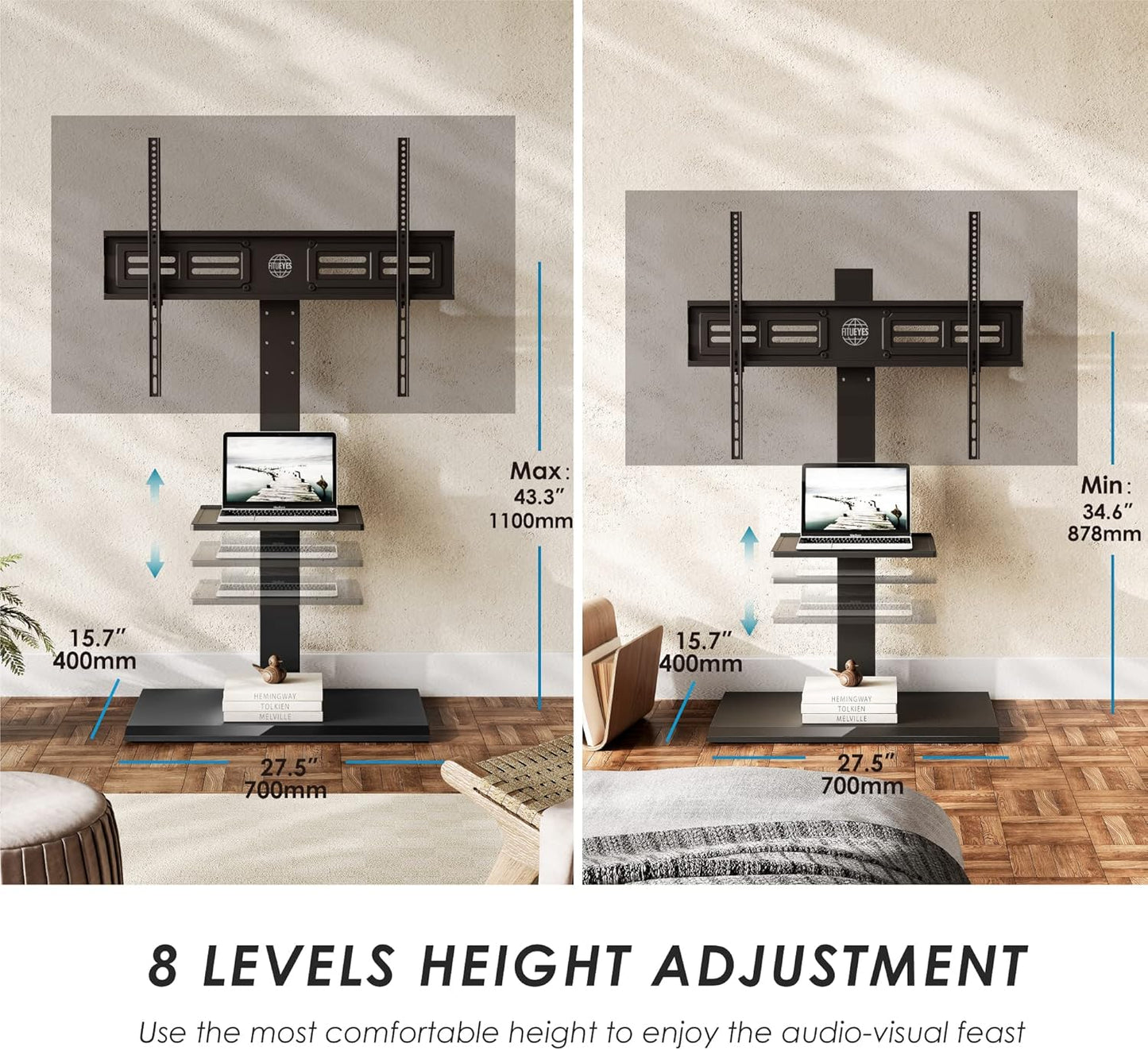 FITUEYES Floor TV Stand Iron Base with Swivel Mount for 50-85 Inch Large LCD/LED TVs Adjustable Shelf Tall Corner TV Stands for Bedroom and Living Room Hold Up to 110 lbs Black