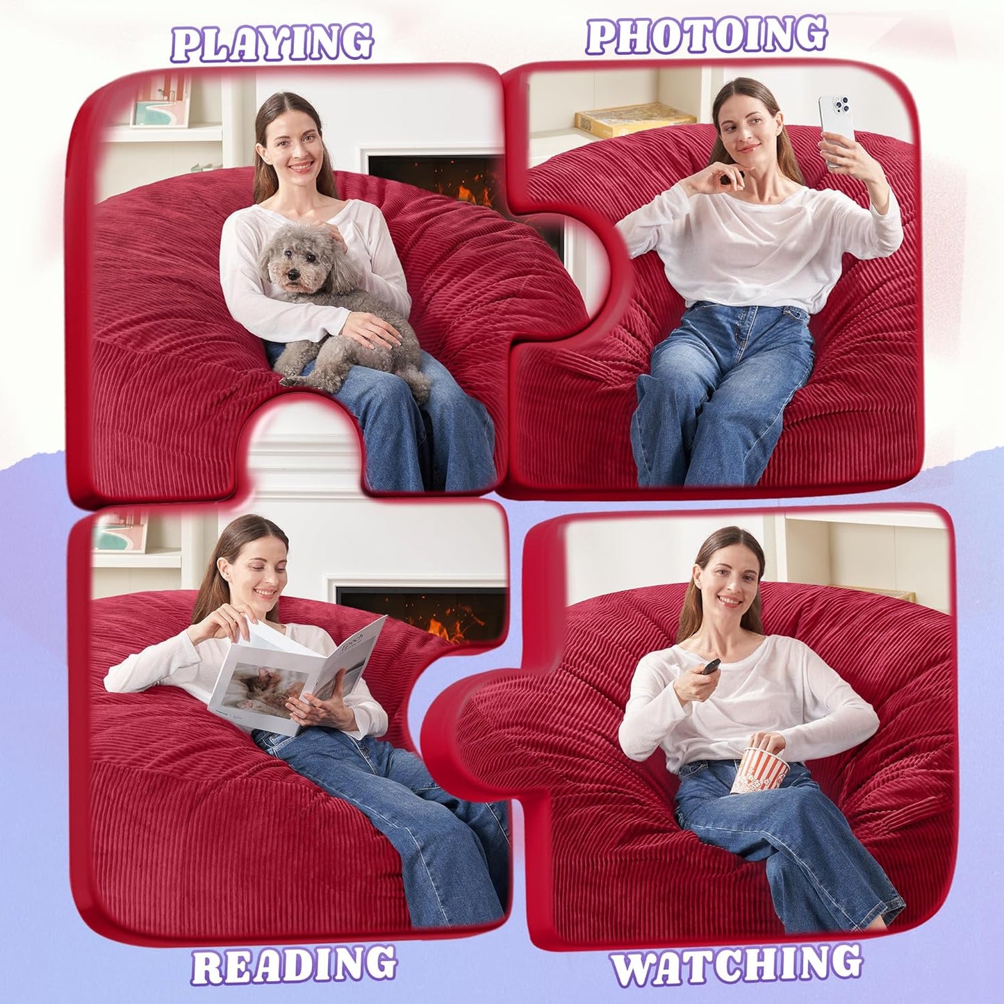 HABUTWAY 5FT Bean Bag Chair,Giant Bean Bag Chairs for Adults,Big Bean Bags with Memory Foam Filled, Large Beanbag Chairs with Soft Corduroy Cover-RED