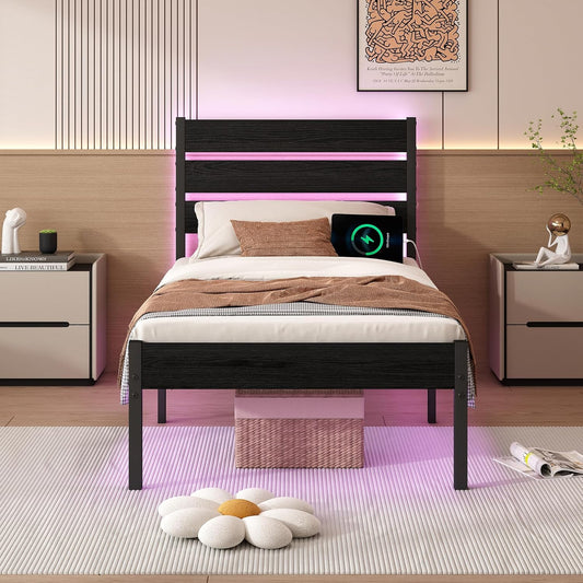 Twin Bed Frame with Headboard,Heavy Duty LED Bed Frame with USB Charging Station,Mattress Foundation-Under Bed Storage, No Box Spring Needed, Noise Free，Black