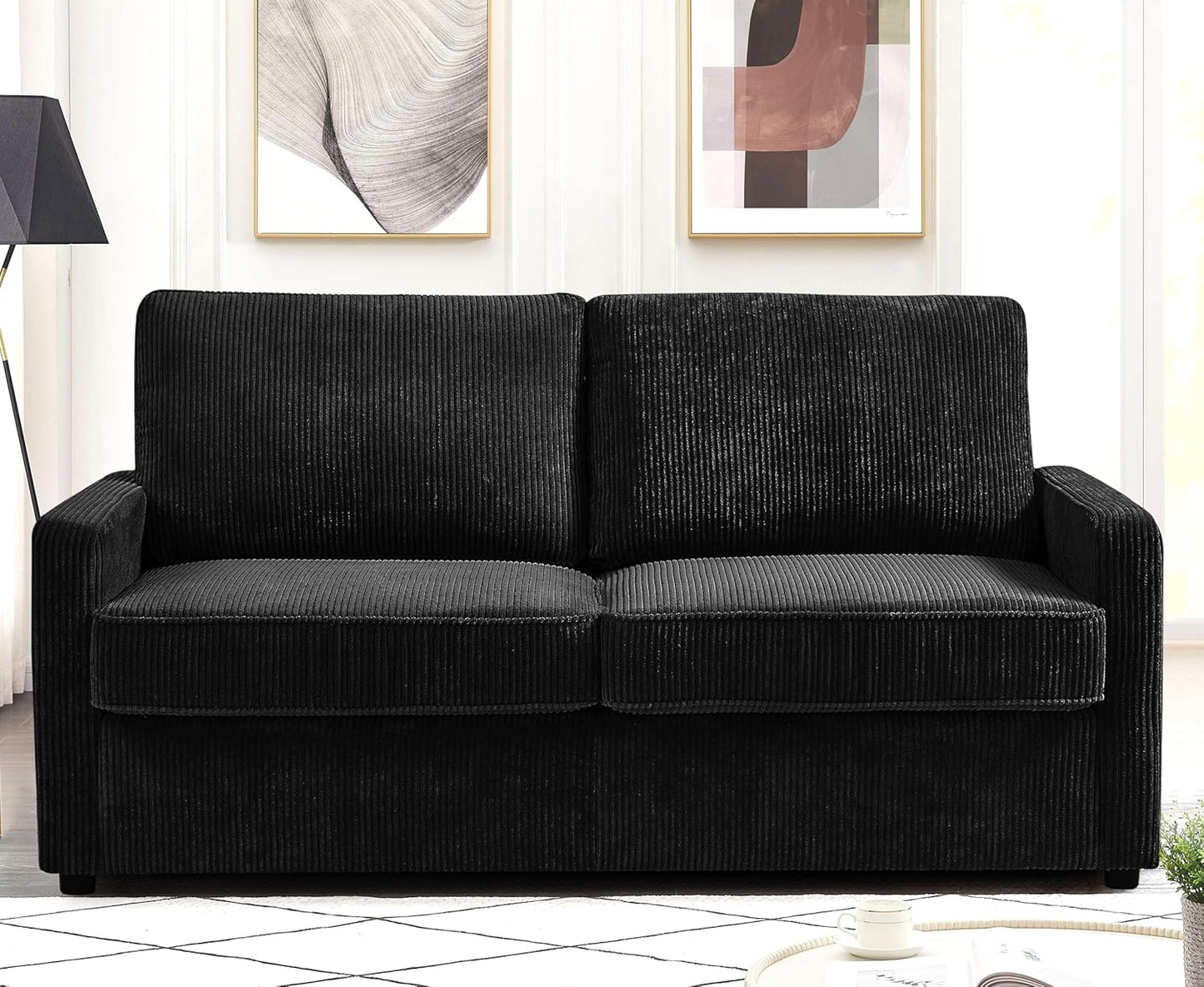 Reversible Sleeper Sofa Bed with Comfortable Memory Foam Mattress, Convertible Corduroy Full Size Pull Out Couch for Living Room, Space Saving Furniture, 70" Wide, Rectangular Arms, Black