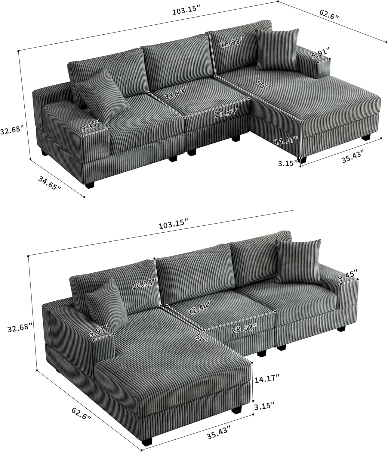 Eafurn Convertible L Shaped Modular Sectional Sofa Couch, 5 Seater Corduroy Upholstered Corner Sofa Lounge Couch with Extra Wide Reversible Chaise Lounge and Headrest for Living Room