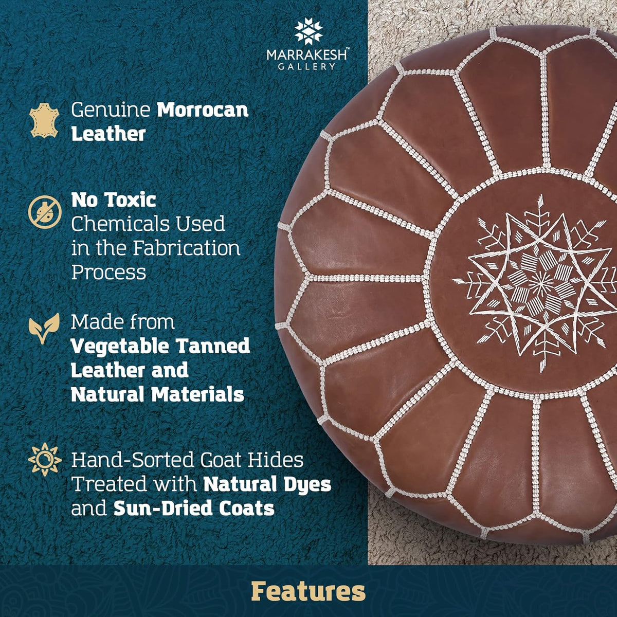 Marrakesh Gallery Genuine Leather Round Pouf Unstuffed - Moroccan Ottoman Footstool, Footrest Cover - Boho Decor - Bohemian Living Room, Bedroom, Kids Room, Gift & Wedding