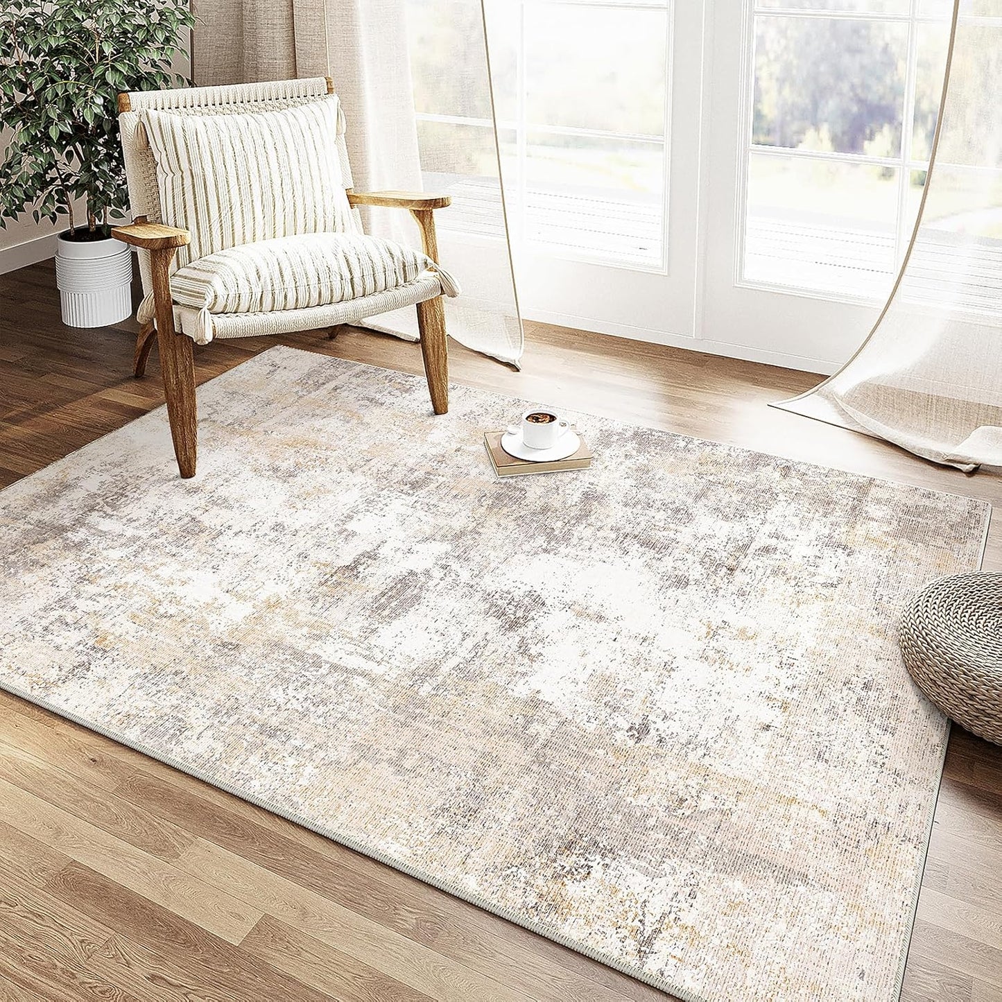 3x5 Washable Area Rug Beige Grey Neutral Abstract Entryway Kitchen Non Slip Low Pile Throw Rug Living Room Bedroom Indoor Doormat Small Soft Carpet for Entrance Bathroom