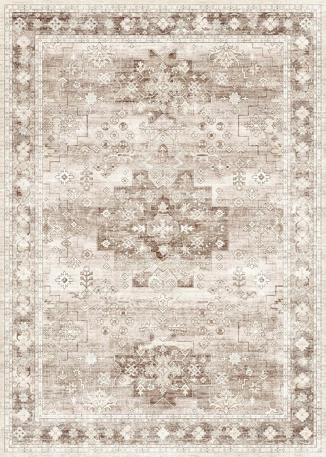 Washable Neutral Farmhouse Bedroom Rug, 5x7 Area Rugs for Living Room, Nursery Room, Boho Vintage Floral Non-Slip Rug Low Pile Stain Resistant (5x7 Beige/Latte)