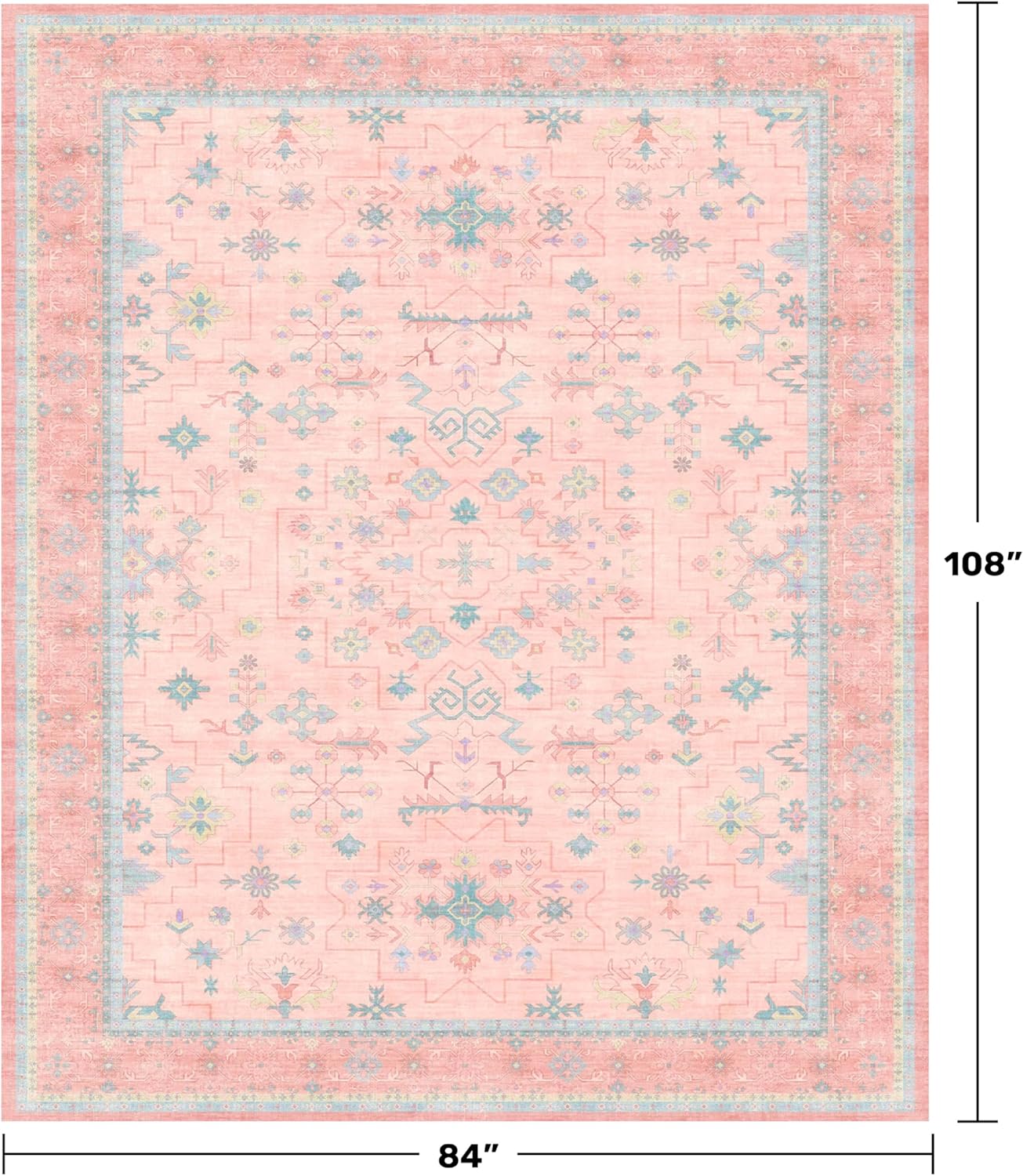 Washable Pink and Blue 7x9 Boho Rugs for Bedroom Girls, Living Room Kids Playroom Nursery Room, Modern Floral Distressed Design, Soft Low Pile Non Slip Stain Resistance Carpet