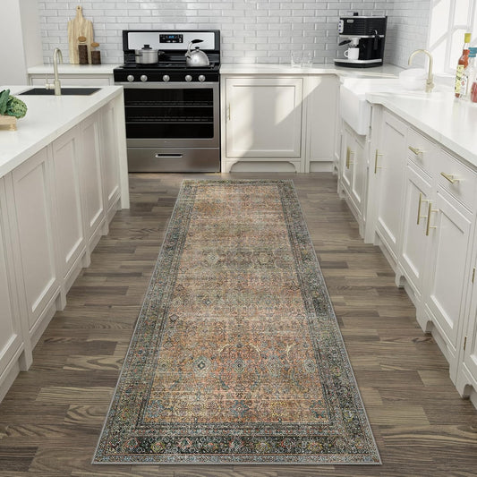 2X5 Area Rugs Machine Washable Rugs for Living Room, Vintage Boho Large Rugs for Bedroom Dining Room, Non Slip Indoor Soft Distressed Lightweight Thin Low Pile Carpet, Vintage Sunset