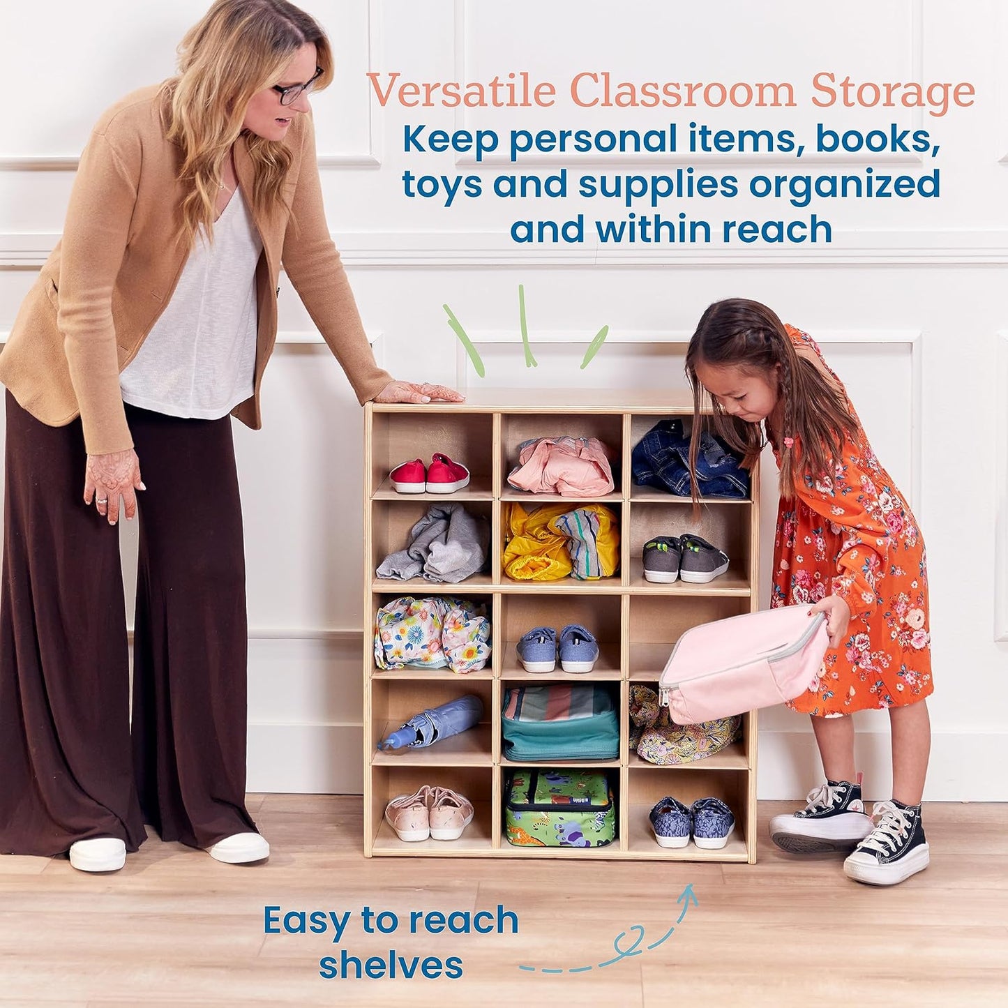 ECR4Kids Streamline 15 Cubby Tray Storage Cabinet, 5x3, Classroom Furniture, Natural