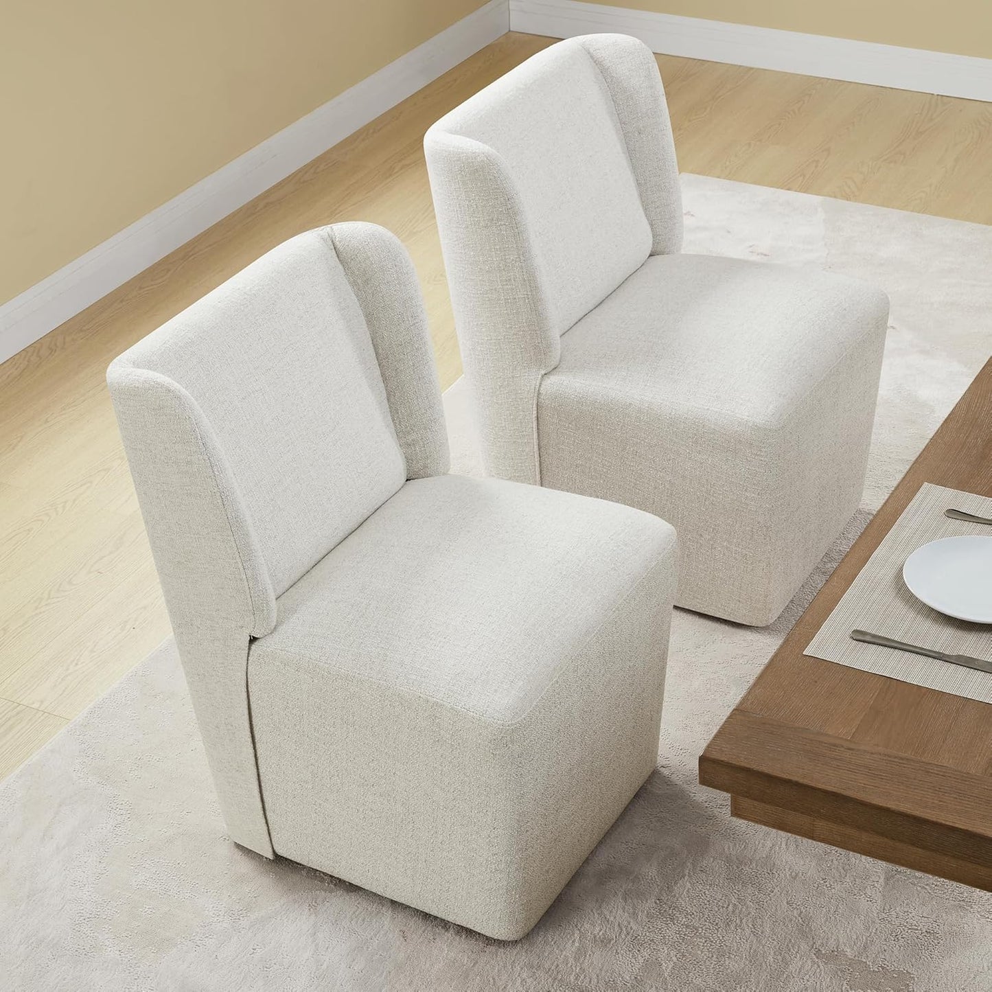 Upholstered Dining Chair with Casters Wingback Modern Side Armless Deskchair with Rollers for Diningroom Bedroom Livingroom Reading Room,Linen,2 Box