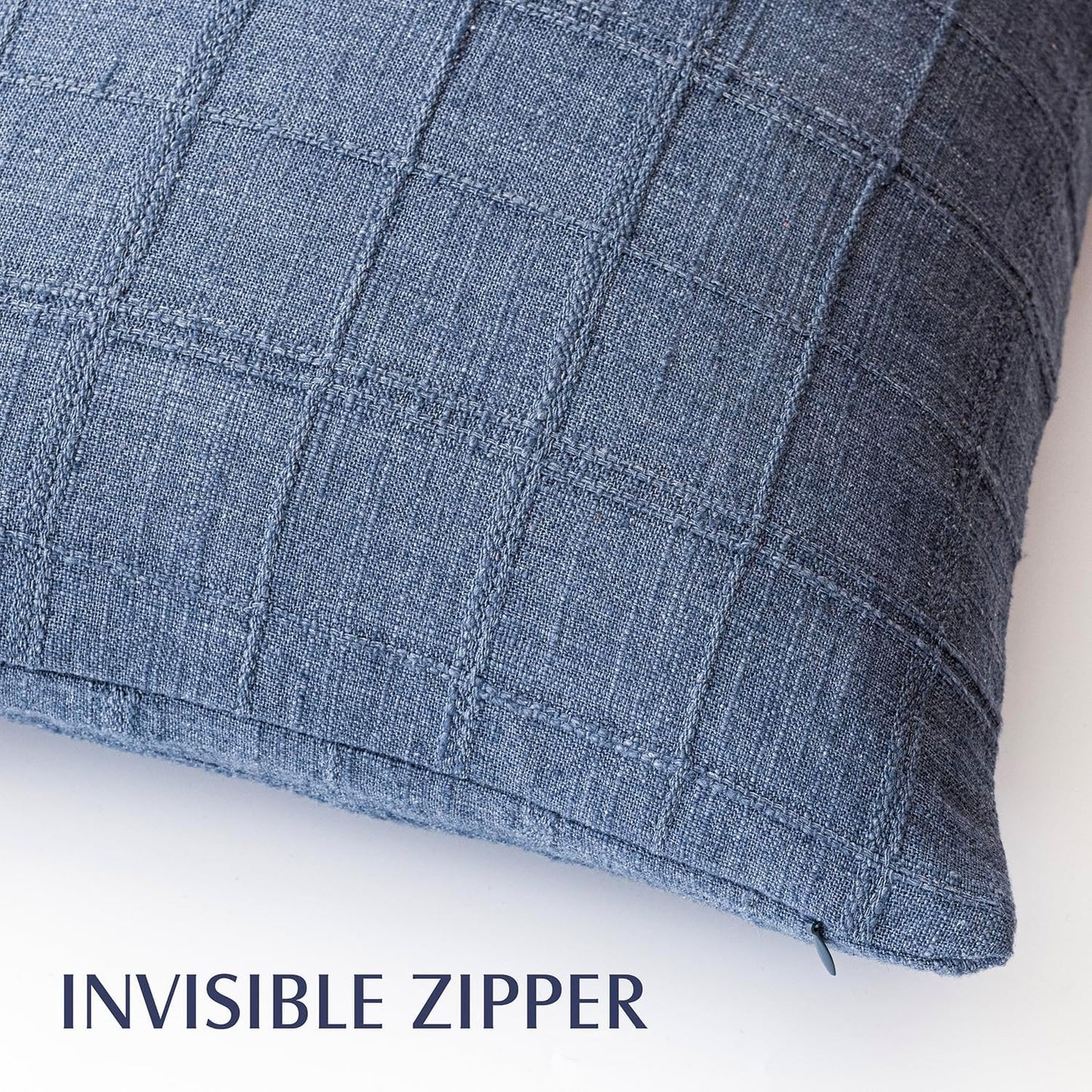 Foindtower Set of 2 Decorative Linen Check Throw Pillow Covers Neutral Farmhouse Lumbar Cushion Covers Modern Coastal Boho Home Decor for Sofa Chair Couch Bedroom Living Room Outdoor,12×20 Inch,Blue