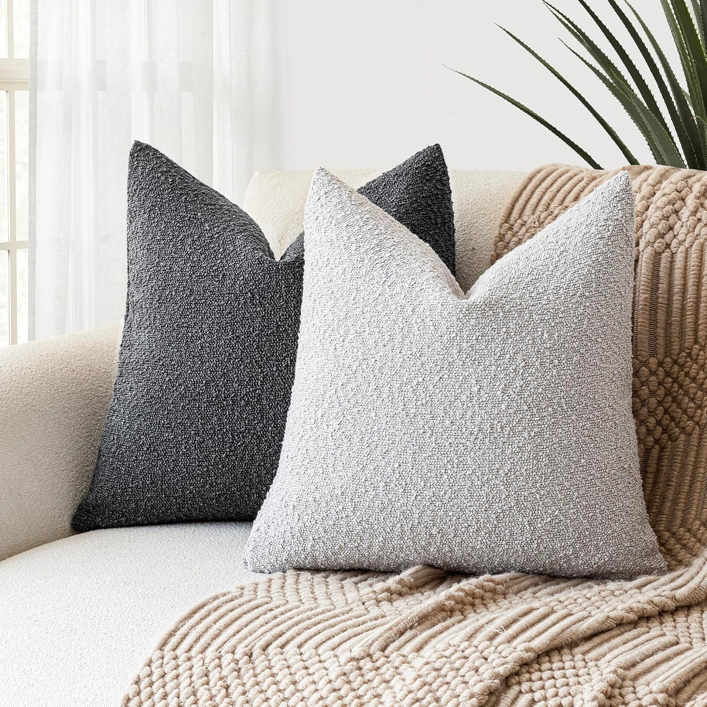 Foindtower Pack of 2, Decorative Textured Boucle Throw Pillow Covers Accent Solid Pillow Cases Cozy Soft Couch Cushion Case for Chair Sofa Bedroom Living Room Home Decor 22 x 22 Inch Light Grey
