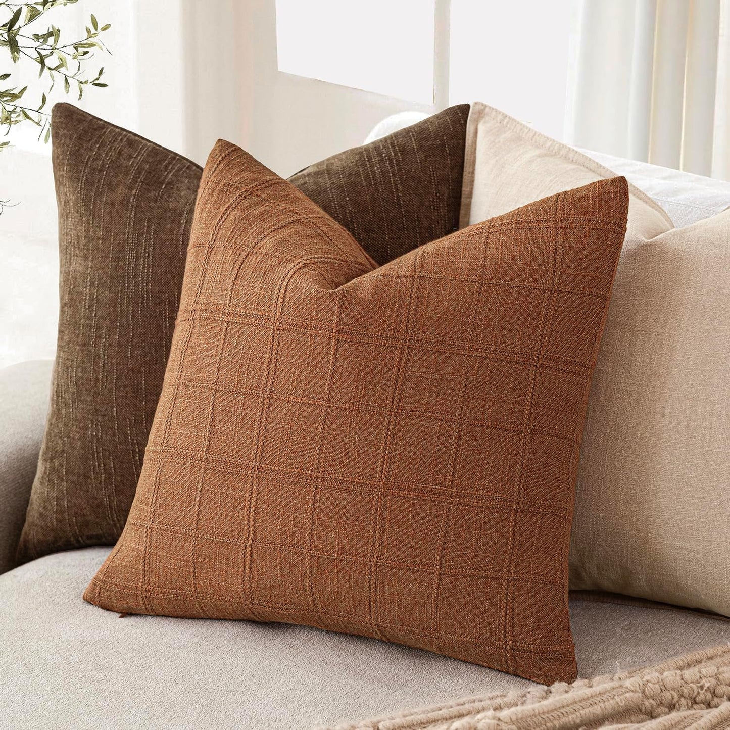 Foindtower Set of 2 Decorative Linen Check Throw Pillow Covers Neutral Farmhouse Vintage Cushion Covers Modern Boho Home Decor for Sofa Chair Couch Bedroom Living Room Outdoor,26×26 Inch,Orange