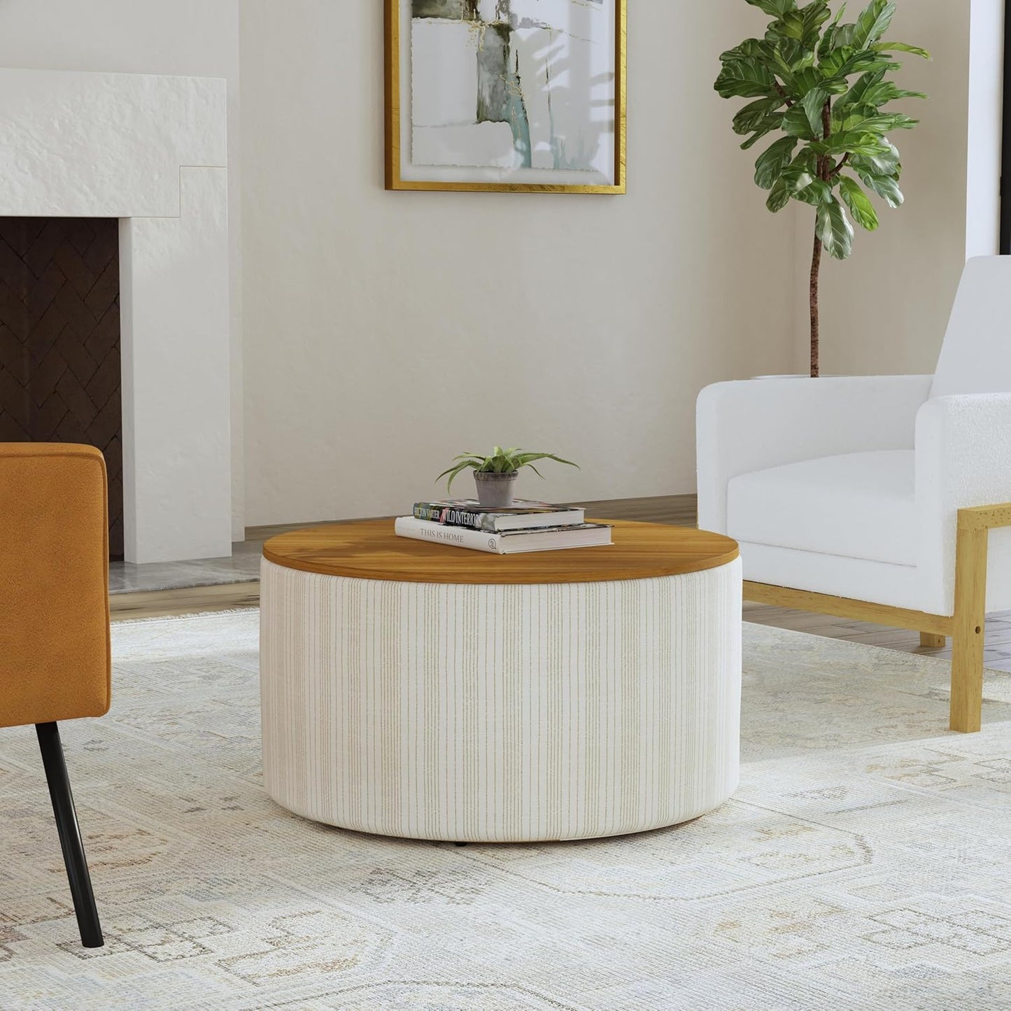 HomePop Modern Fabric Storage Ottoman with Wood Top -Marigold Pinstripe Cream Fabric