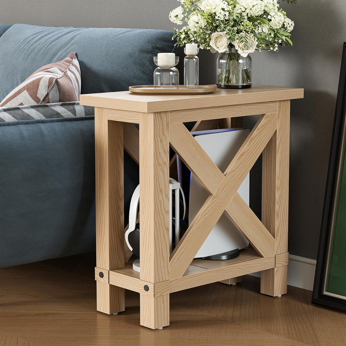 LITTLE TREE Farmhouse Side Table Set of 2, Narrow End Table for Space Saving, Bedside Furniture for Bedroom, Living Room, Small Spaces, Oak