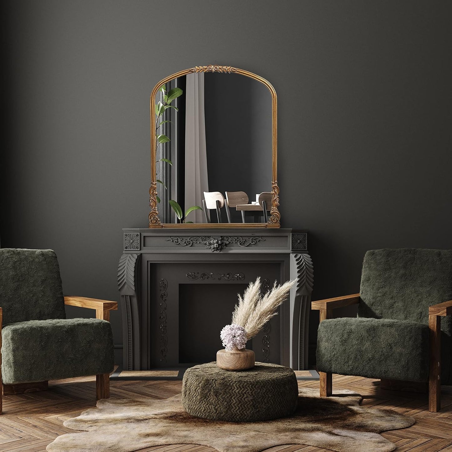 English Estate Carved Arch Wood Wall Mirror, Mirror for Entryway, Living Room, Bathroom, Antique Gold, 28.4x35