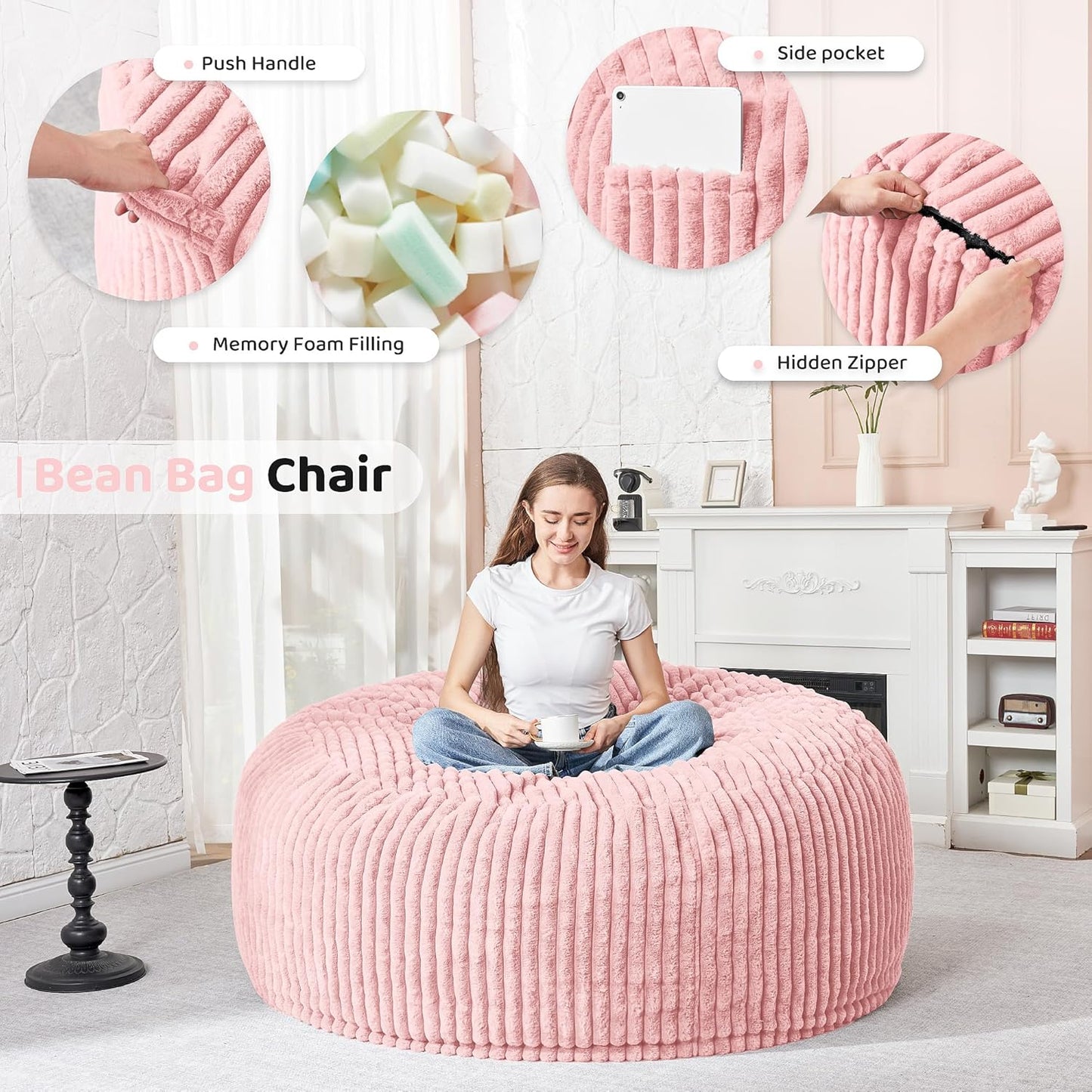 HABUTWAY 3FT Bean Bag Chair, 3' Large Bean Bag Chairs for Adults with Removable Stripe Plush Cover, Memory Foam Beanbag Chair for Living Room Bedroom Dorm (Tender Pink)