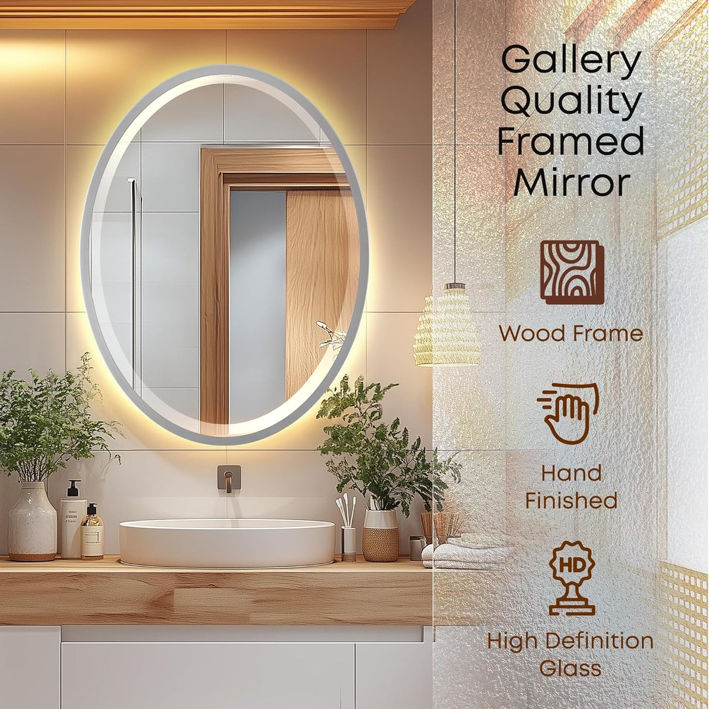 OVALCREST - Oval Wooden Beveled Wall Mirror for Home Decor, Bathroom, Vanity, Bedroom, Living Room, Hallway - London Style (Silver Spray) 21.1 x 25.1