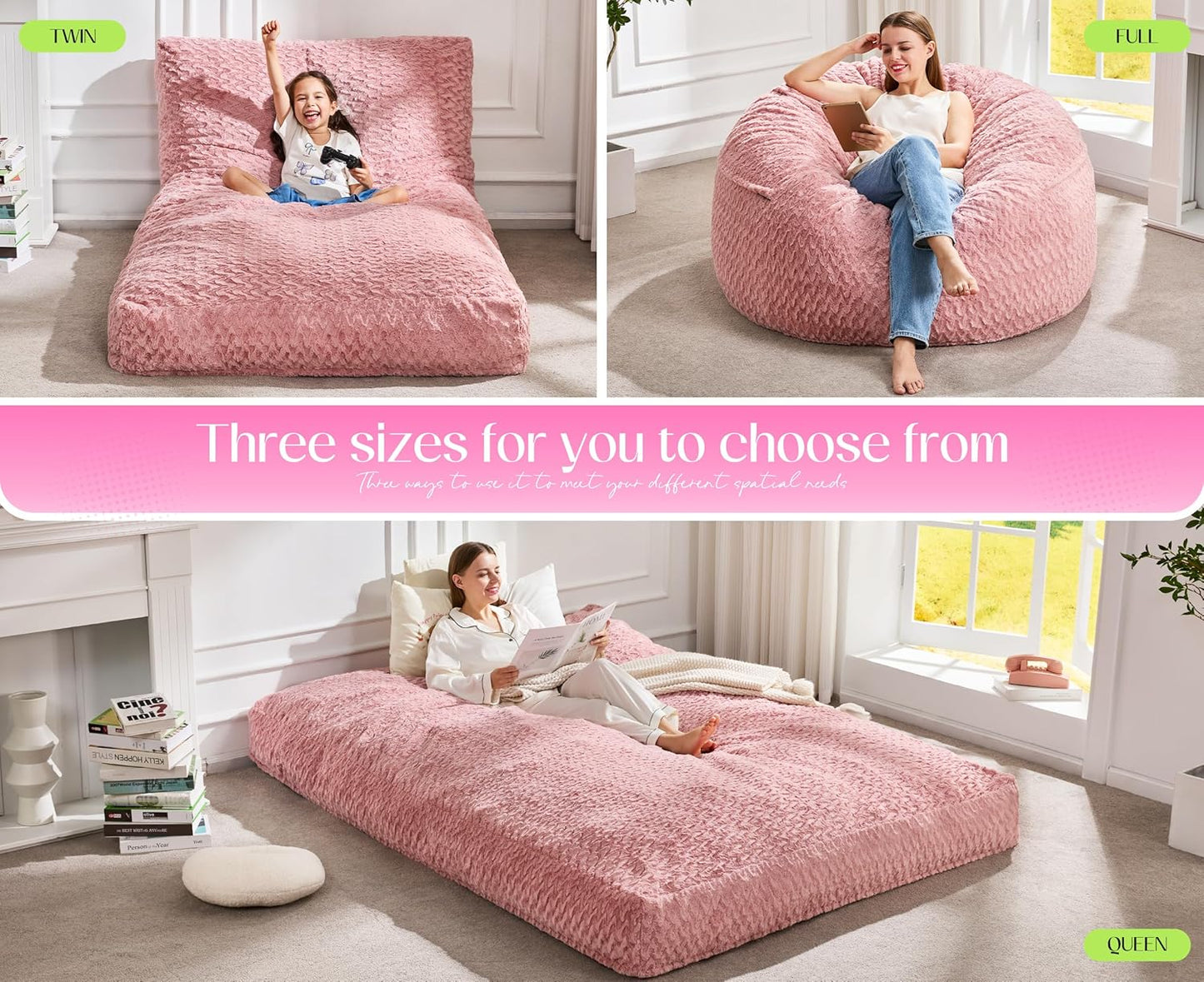 Hobestluk Bean Bag Chair Convertible Beanbag Chairs for Adults, 3 in 1 Bean Bags with Plush Chevron Cover, Adult Bean Bag Chair for Living Room, Bedroom (Pink, Twin)