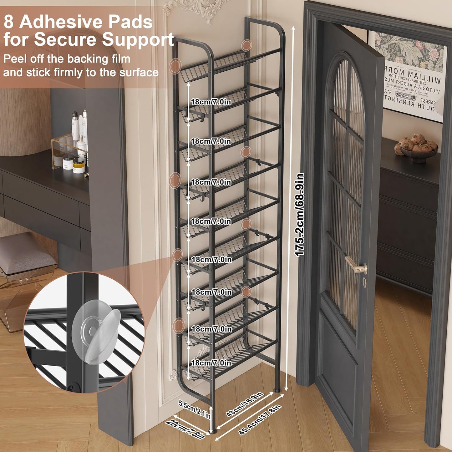 UMDONX 9 Layer Shoe Rack for 18 Pairs Shoes, Freestanding Shoe Organizer with 12 Hooks & 8 Adhesive Pads, Space-Saving Vertical Storage for Entryway and Walk-in Closet