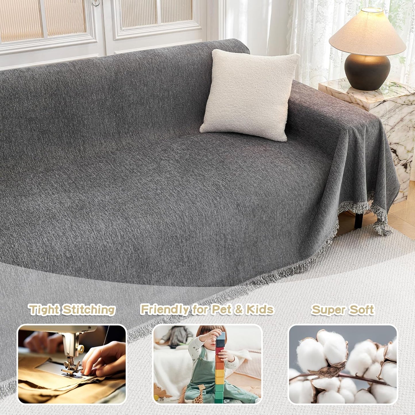MYSKY HOME Couch Cover for Dogs, Washable Couch Covers, Non Slip Couch Sofa Cover, Couch Cover 2 Cushion Sofa Dogs Furniture Protector with Tassels Chenille Sofa Covers for Pets, 71"x118", Dark Grey