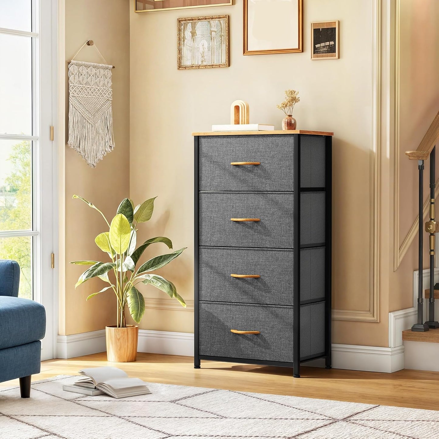 DWVO 4 Drawers Dresser, Small Dresser for Bedroom, Fabric Storage Tower, Chest of Drawers, Organizer Unit for Closets, Living Room, Sturdy Steel Frame, Wooden Top, Easy Pull Handle