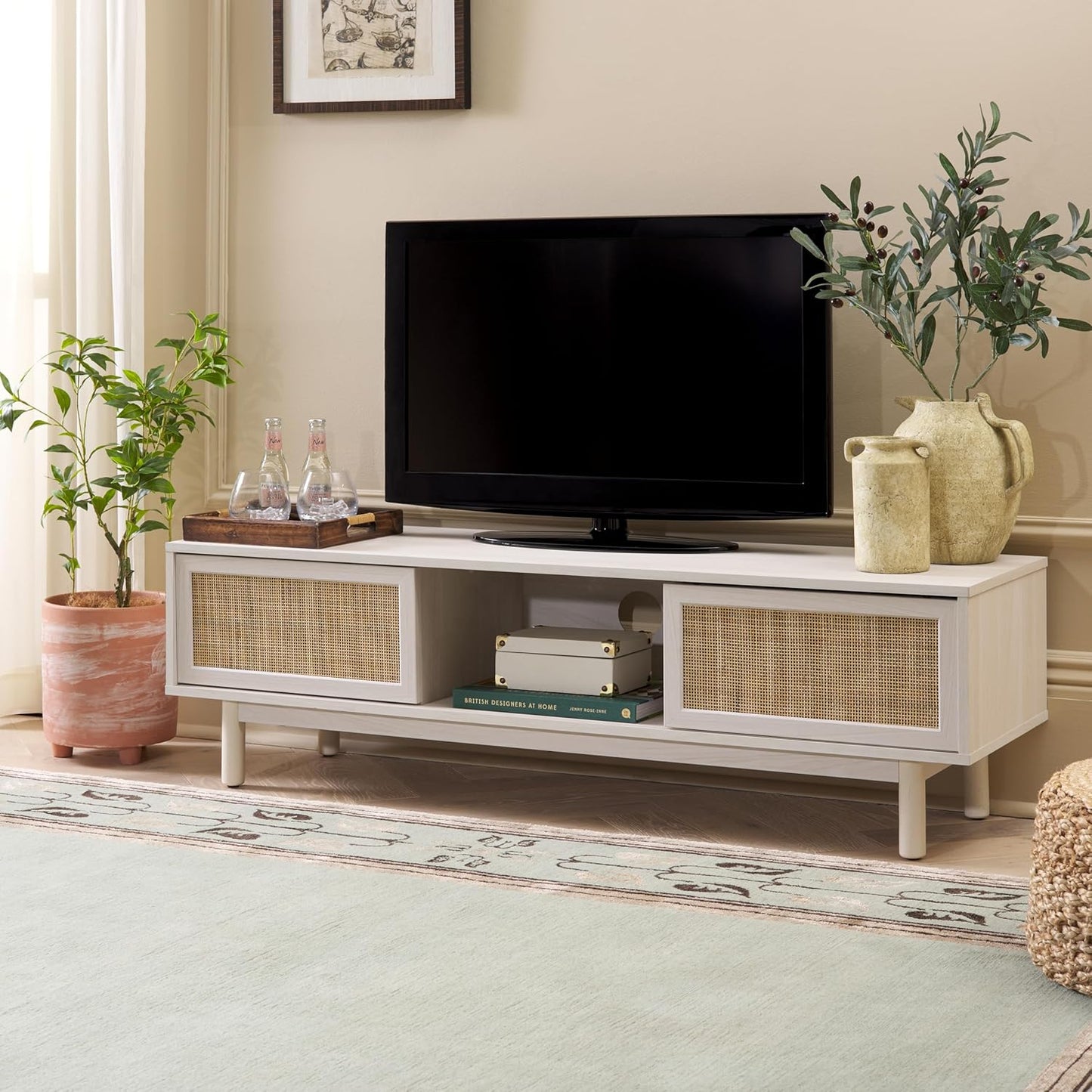 SAFAVIEH Aino TV Stand for up to 60" Flatscreen – Bleached White & Natural Rattan, 2 Sliding Doors with Interior Storage, 1 Open Shelf, Entertainment Media Console (MED9619C)