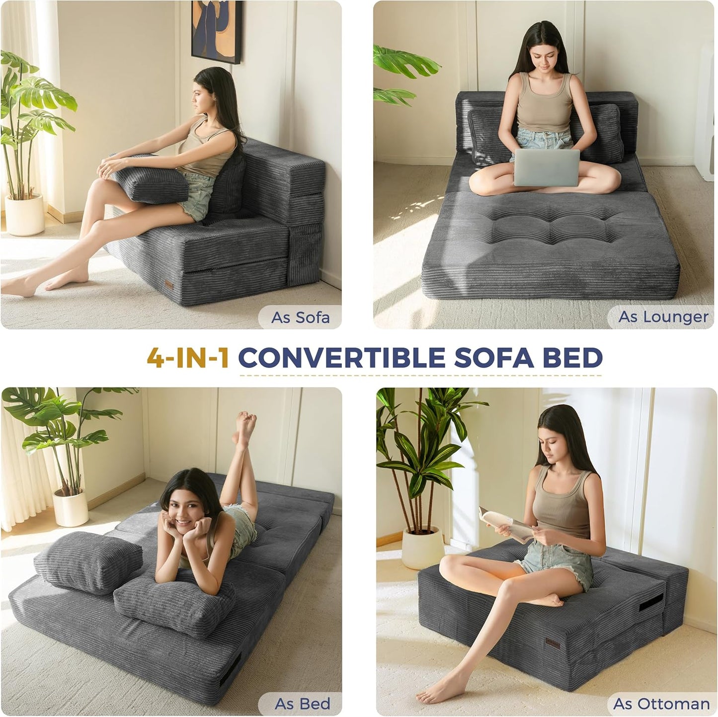 MAXYOYO Convertible Sofa Bed, Fold Out Sleeper Sofa with Pillow, 4 in 1 Tufted Folding Couch Bed Foam Floor Couch, Lazy Chair for Living Room Bedroom Guest Room, Dark Grey