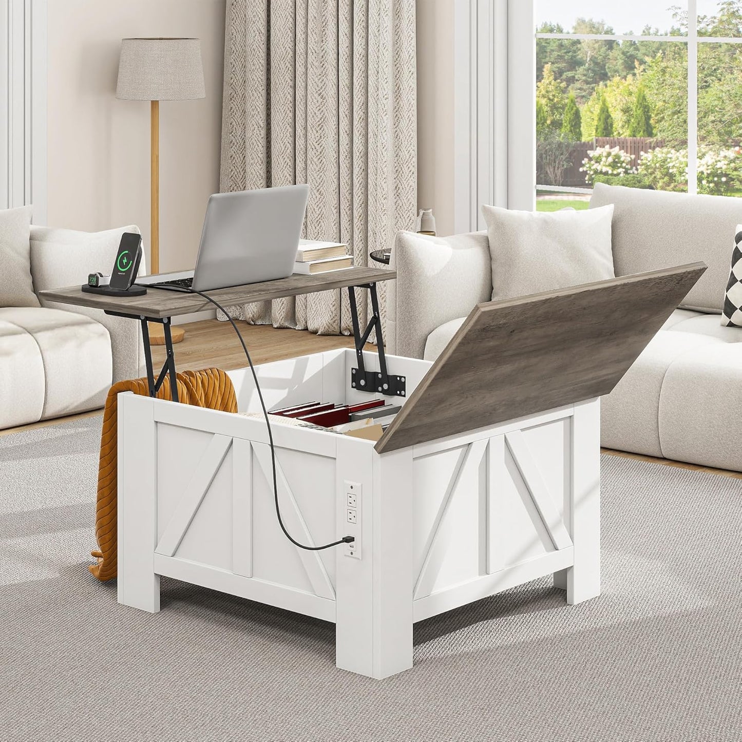 YITAHOME Farmhouse Lift Top Coffee Table with Storage, Wood Square Center Table with Charging Station & USB Ports and Hidden Compartment Coffee Tables for Living Room Bedroom, Home Office, White