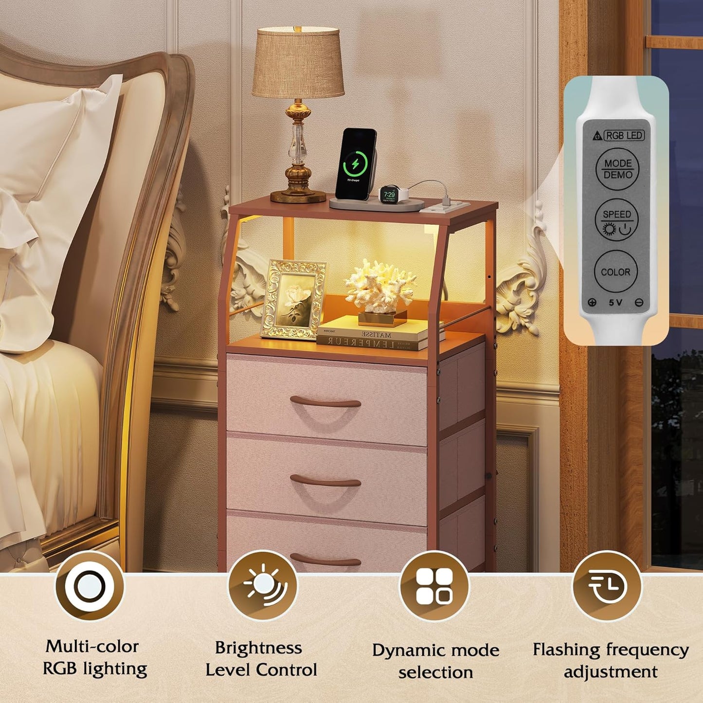 WLIVE 4 Drawer Dresser for Bedroom, 37" H Nightstand with Charging Station and Led Light, Tall Night Stand Bed Side Table, End Table with USB Ports and Outlets, Fabric Bins, Wood Shelf, Pink