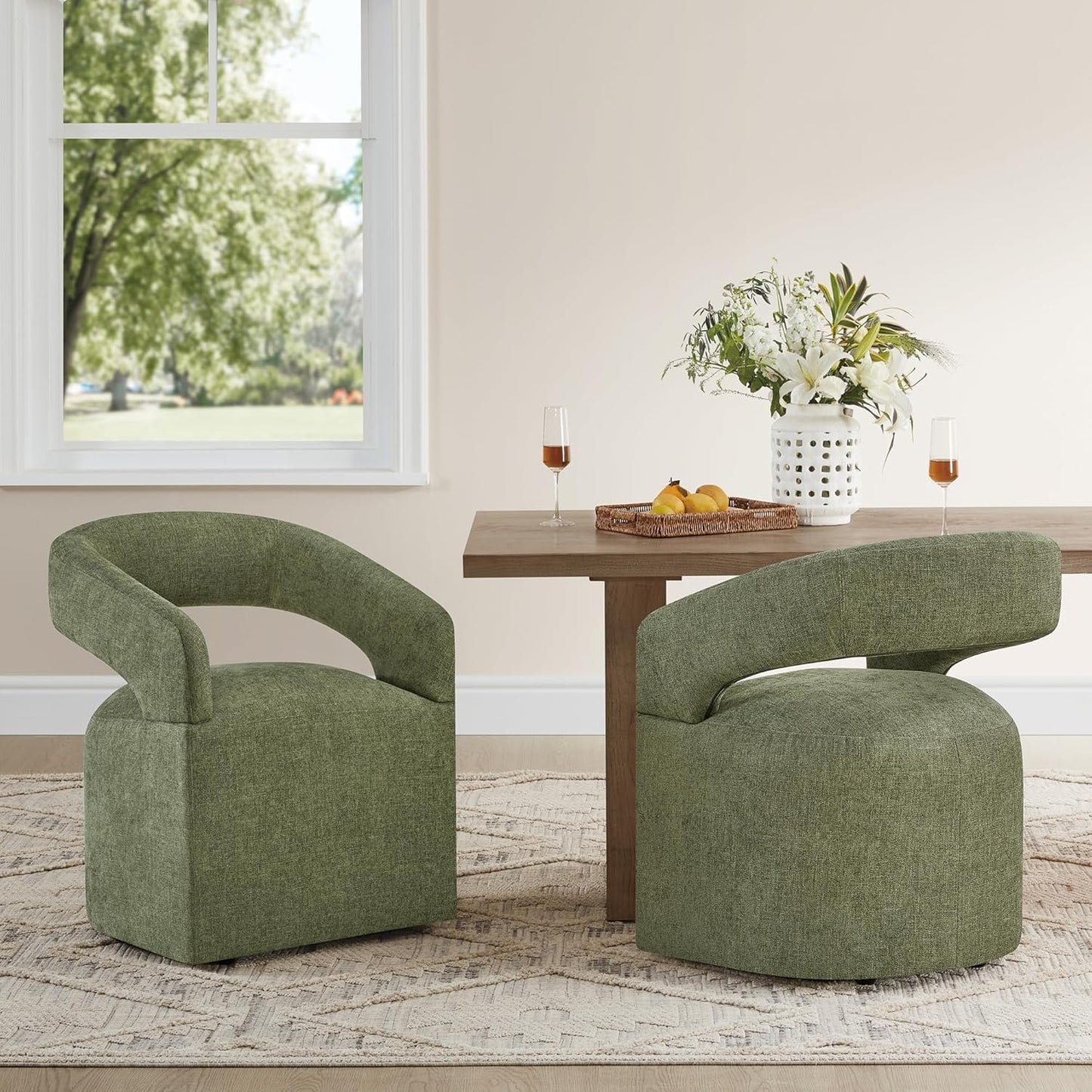 Upholstered Dining Chairs with Removable Casters Barrel Side Armchair with Rollers for Diningroom Bedroom Livingroom Reading Room, Green, 1PCS