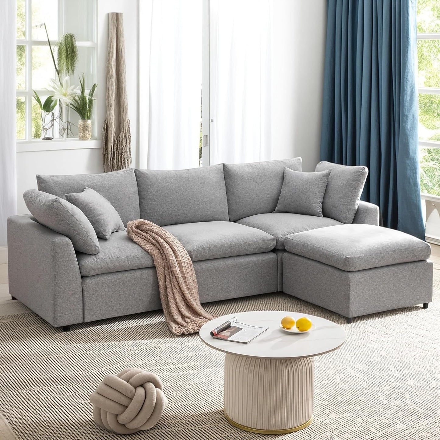 104.3 Inch L-Shaped Modular Sectional Sofa with Reversible Chaise and Pillows, Down Filled Upholstered Convertible Corner Couch for Living Room, Bedroom, Office, Apartment, Light Gray