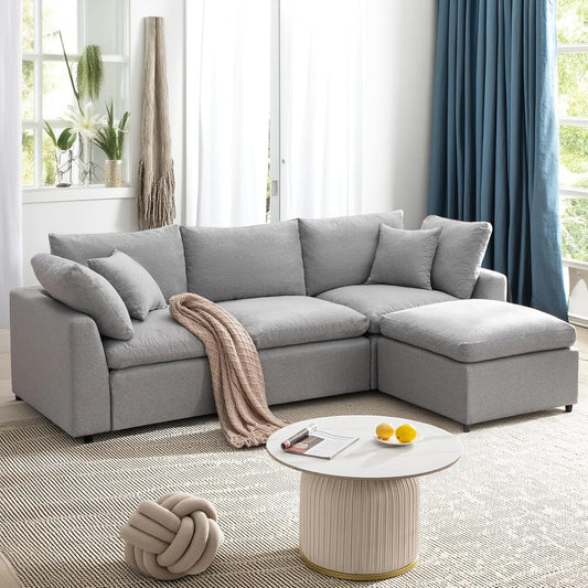 104.3 Inch L-Shaped Modular Sectional Sofa with Reversible Chaise and Pillows, Down Filled Upholstered Convertible Corner Couch for Living Room, Bedroom, Office, Apartment, Light Gray