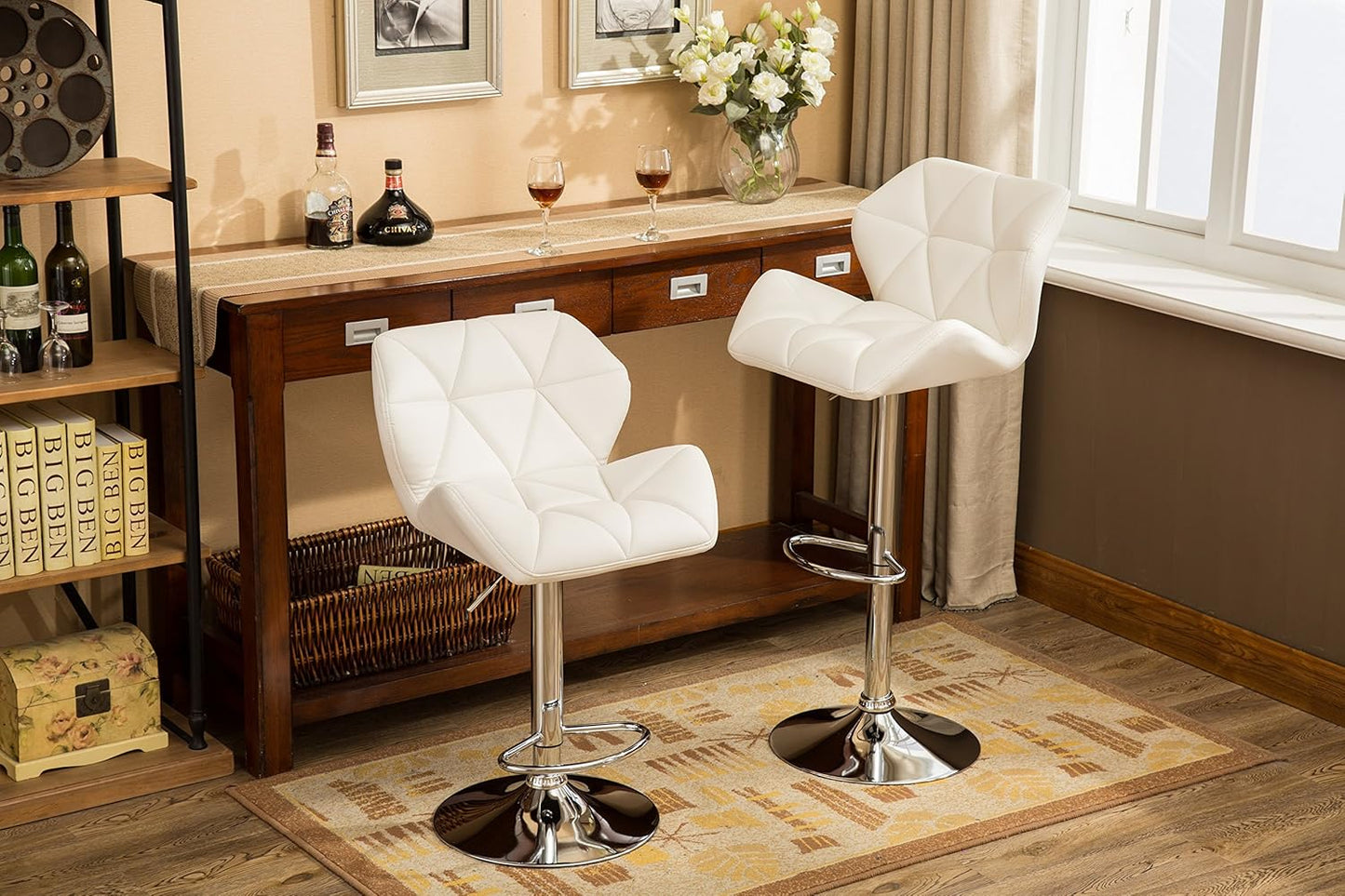 Roundhill Furniture Glasgow Contemporary Tufted Adjustable Height Hydraulic White Bar Stools, Set of 2