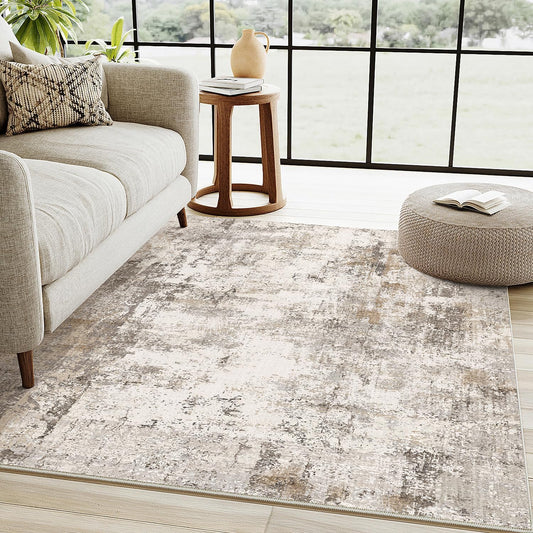 4x5 Washable Area Rug Brown Grey Neutral Abstract Entryway Kitchen Non Slip Low Pile Throw Rug Living Room Bedroom Indoor Doormat Soft Carpet for Entrance Bathroom Office
