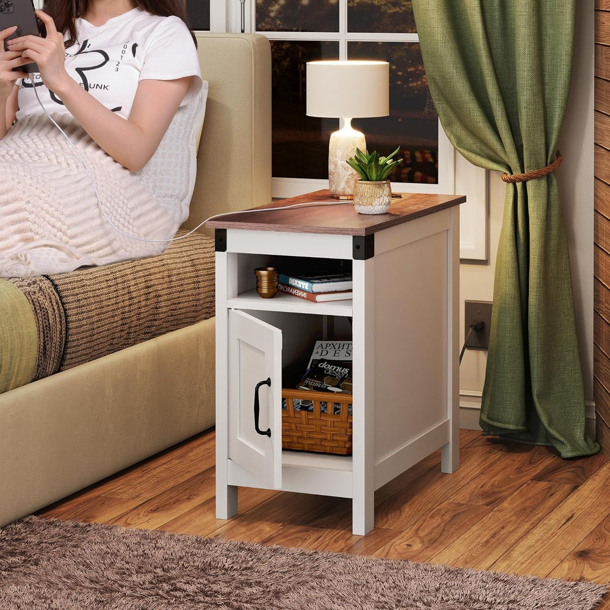 WLIVE White Farmhouse End Table for Living Room, Narrow Side Table with Charging Station, Night Stand with Storage, Small Wooden Cabinet with USB Ports and Outlets for Bedroom, White