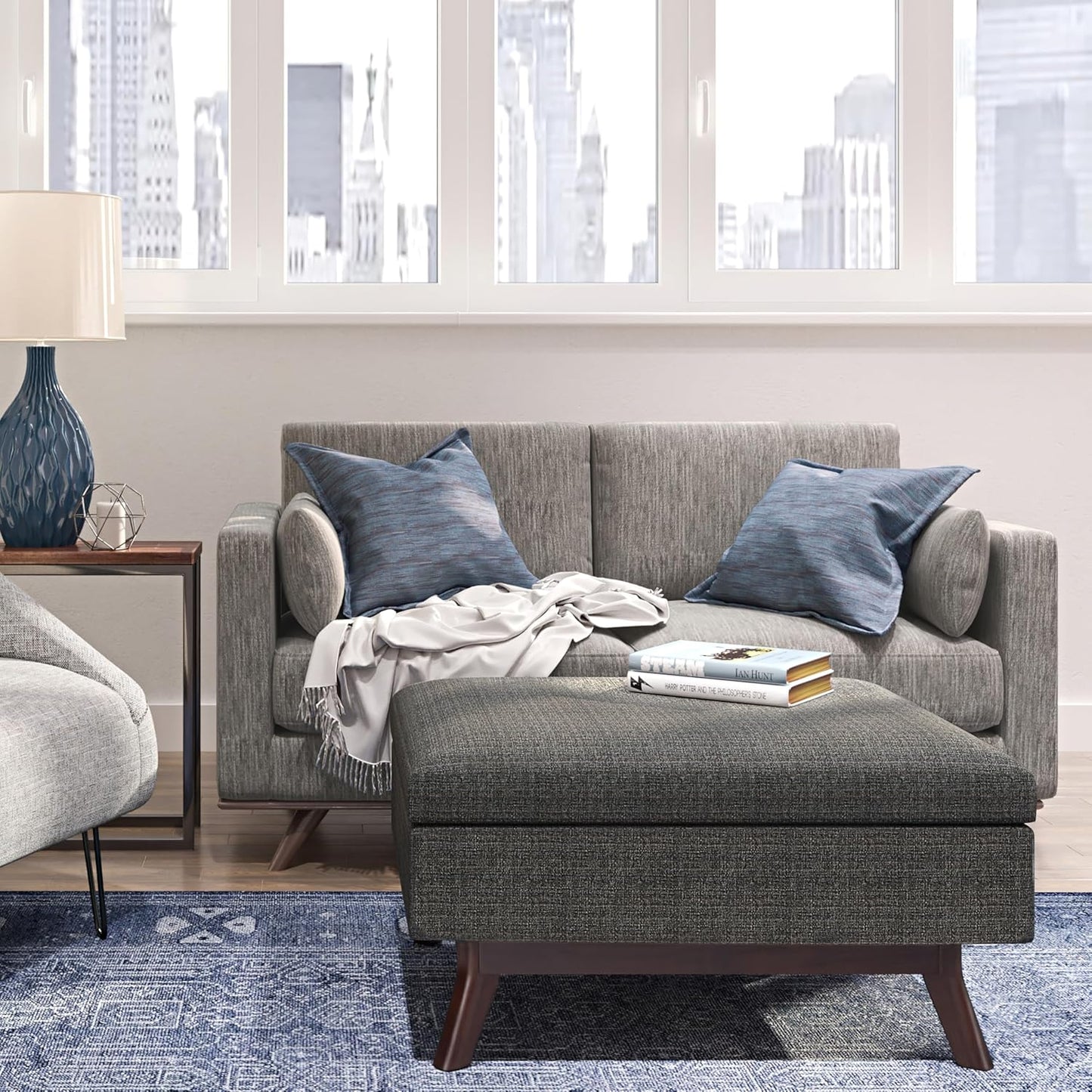 SIMPLIHOME Owen 34 inch Wide Mid Century Modern Rectangle Coffee Table Storage Ottoman in Ebony Tweed Look Fabric, Assembled, for the Living Room, Entryway and Family Room