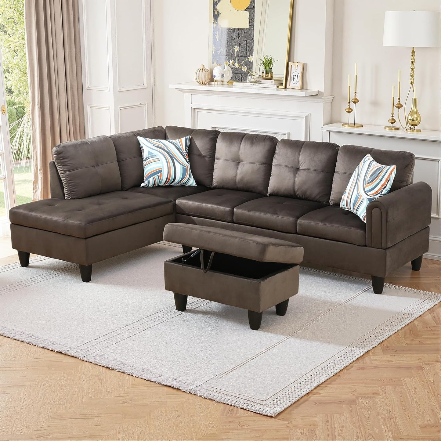 Osparple L Shaped Couch Sectional Couches for Living Room Upholstered Flannel 3 Pieces Modular Sectional Sofa with Chaise, Ottoman with Storage for Living Room and Small Apartment, Dark Brown