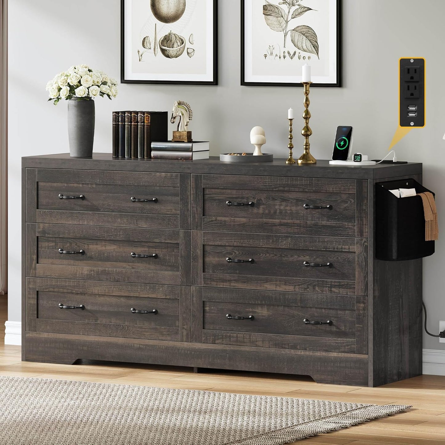 YITAHOME Rustic Oak Drawers TV Stand for 65 inches with Power Outlets -Chest of Drawers Dresser with Side Organizer Bag Entertainment Center TV Console
