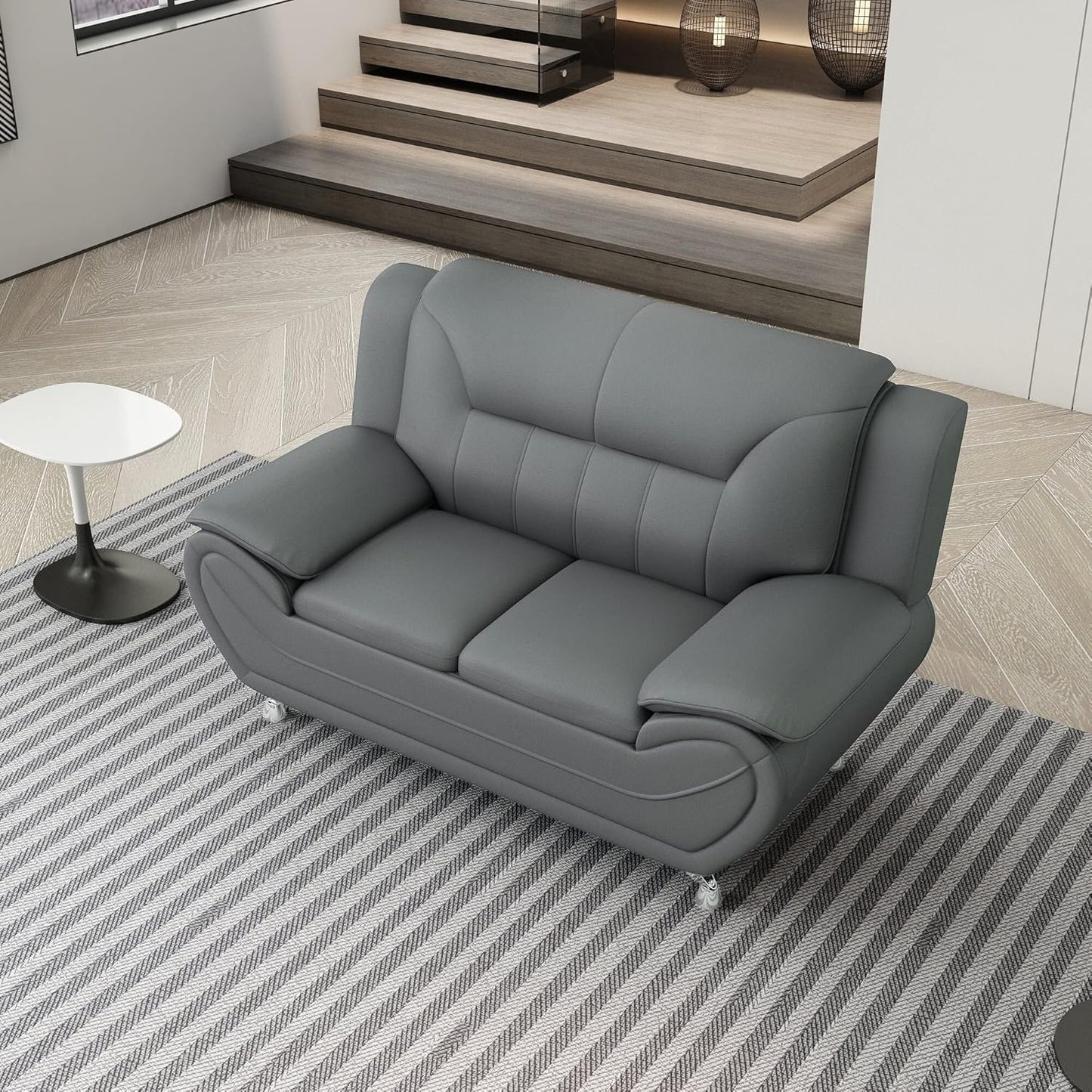 Container Furniture Direct Michael Modern Faux Leather Upholstered Stainless Steel Legs Living Room Loveseat, Sleek Gray