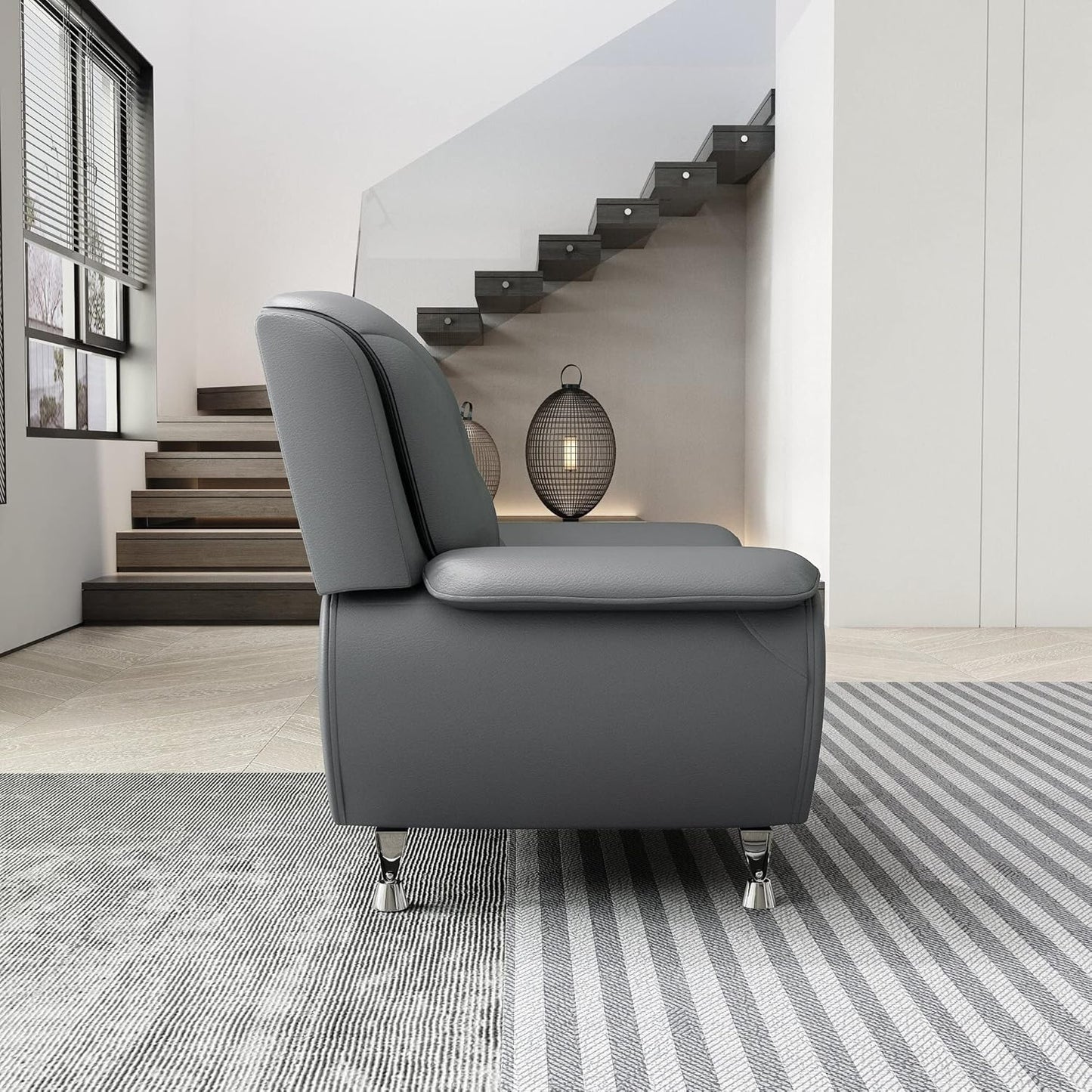 Container Furniture Direct Michael Modern Faux Leather Upholstered Stainless Steel Legs Living Room Sofa, Loveseat, Gray