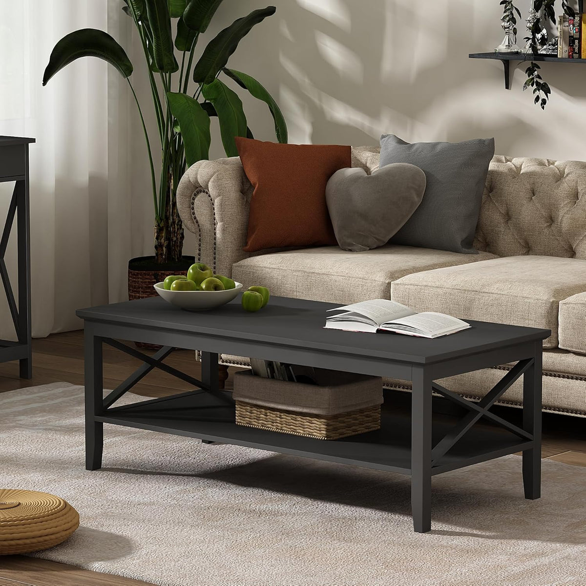 ChooChoo Coffee Table with Thicker Legs, Black Wood Coffee Table with Storage for Living Room, 47 inch